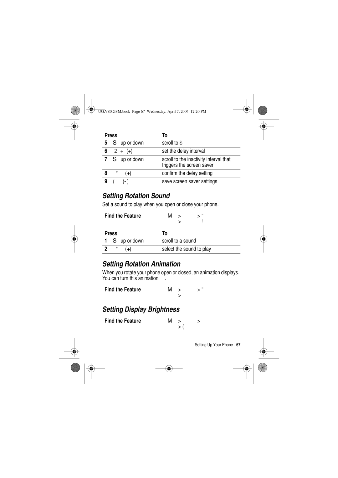 Motorola V80 manual Setting Rotation Sound, Setting Rotation Animation, Setting Display Brightness 