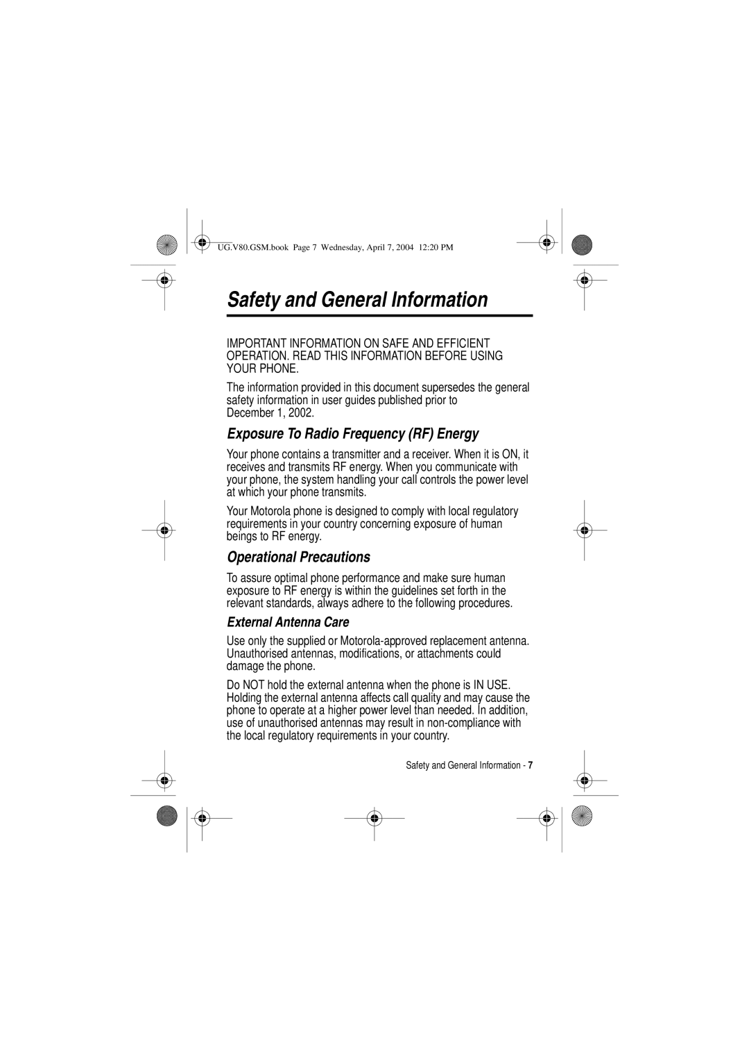 Motorola V80 Safety and General Information, Exposure To Radio Frequency RF Energy, Operational Precautions, December 1 