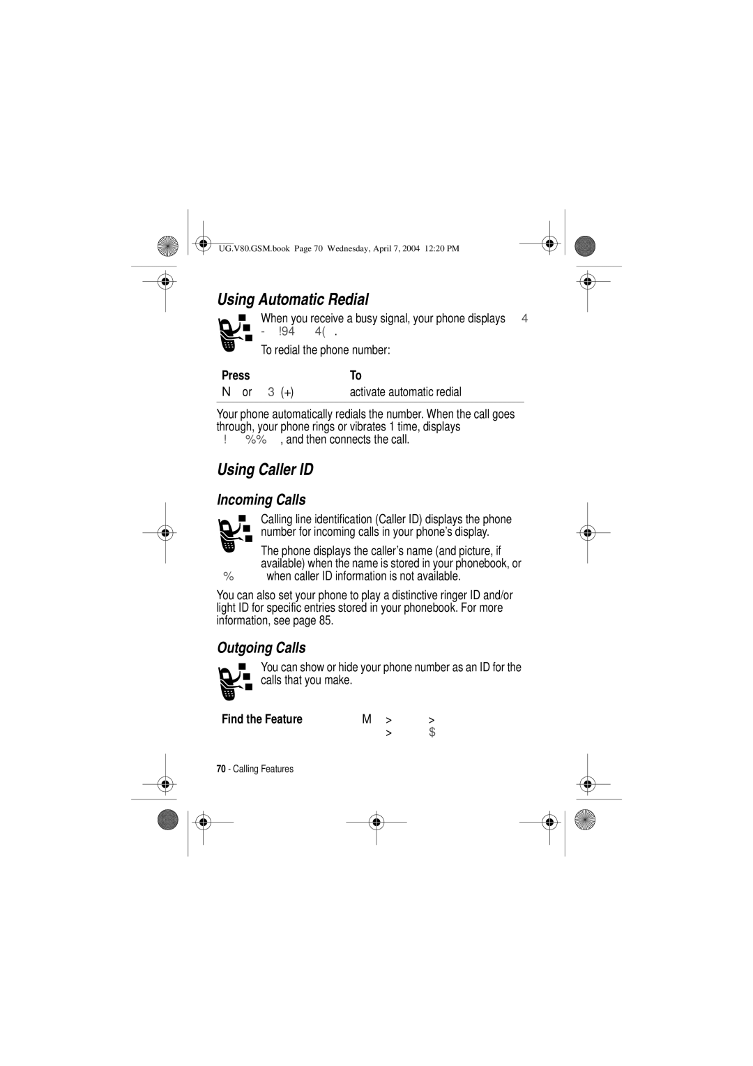 Motorola V80 manual Using Automatic Redial, Using Caller ID, Incoming Calls, Outgoing Calls 