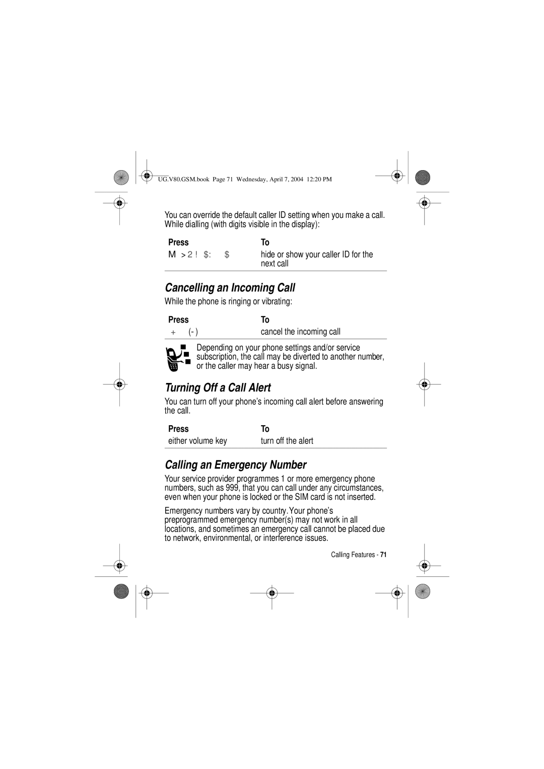 Motorola V80 manual Cancelling an Incoming Call, Turning Off a Call Alert, Calling an Emergency Number 