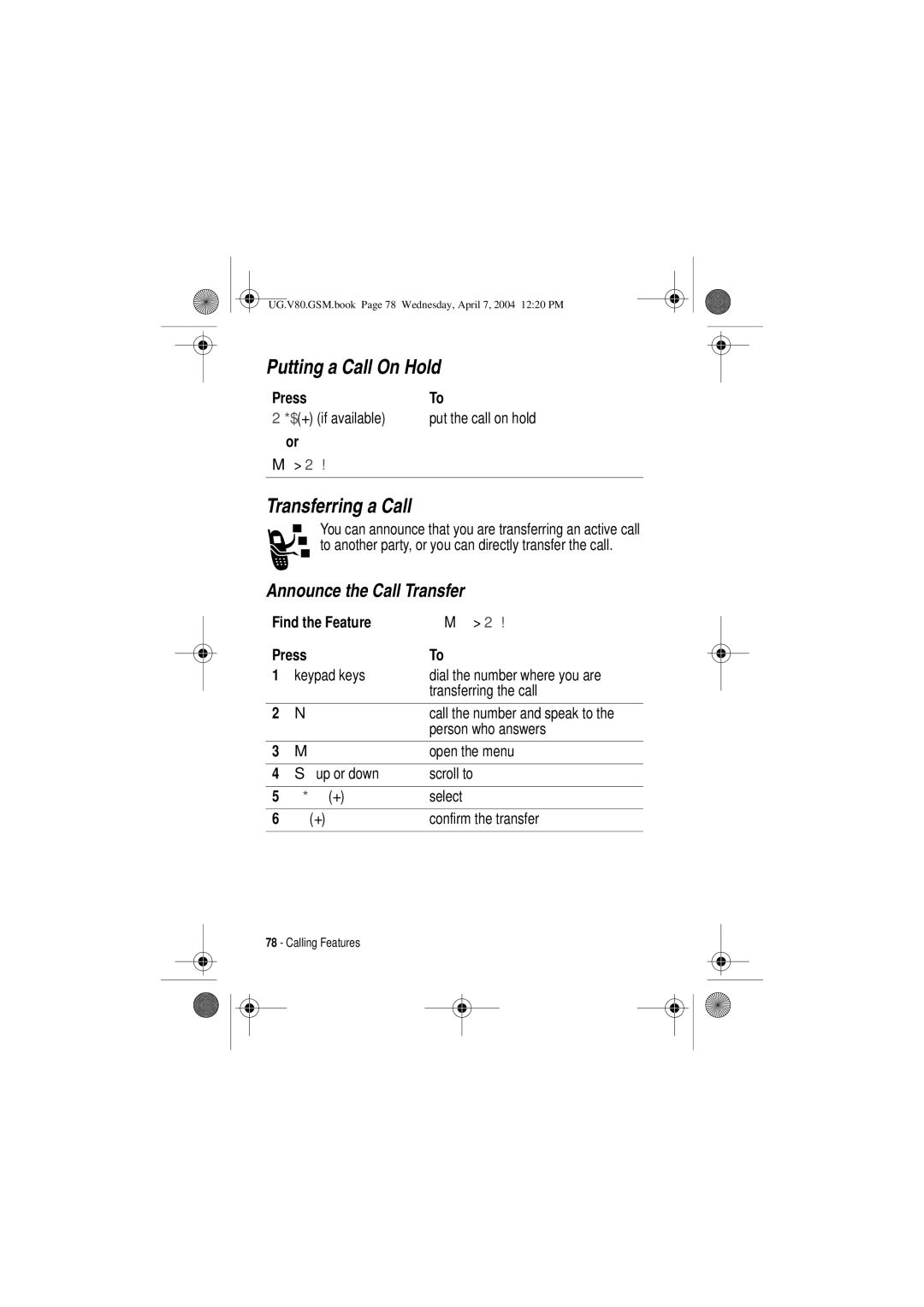 Motorola V80 manual Putting a Call On Hold, Transferring a Call, Announce the Call Transfer, +Rog, Select 7UDQVIHU 