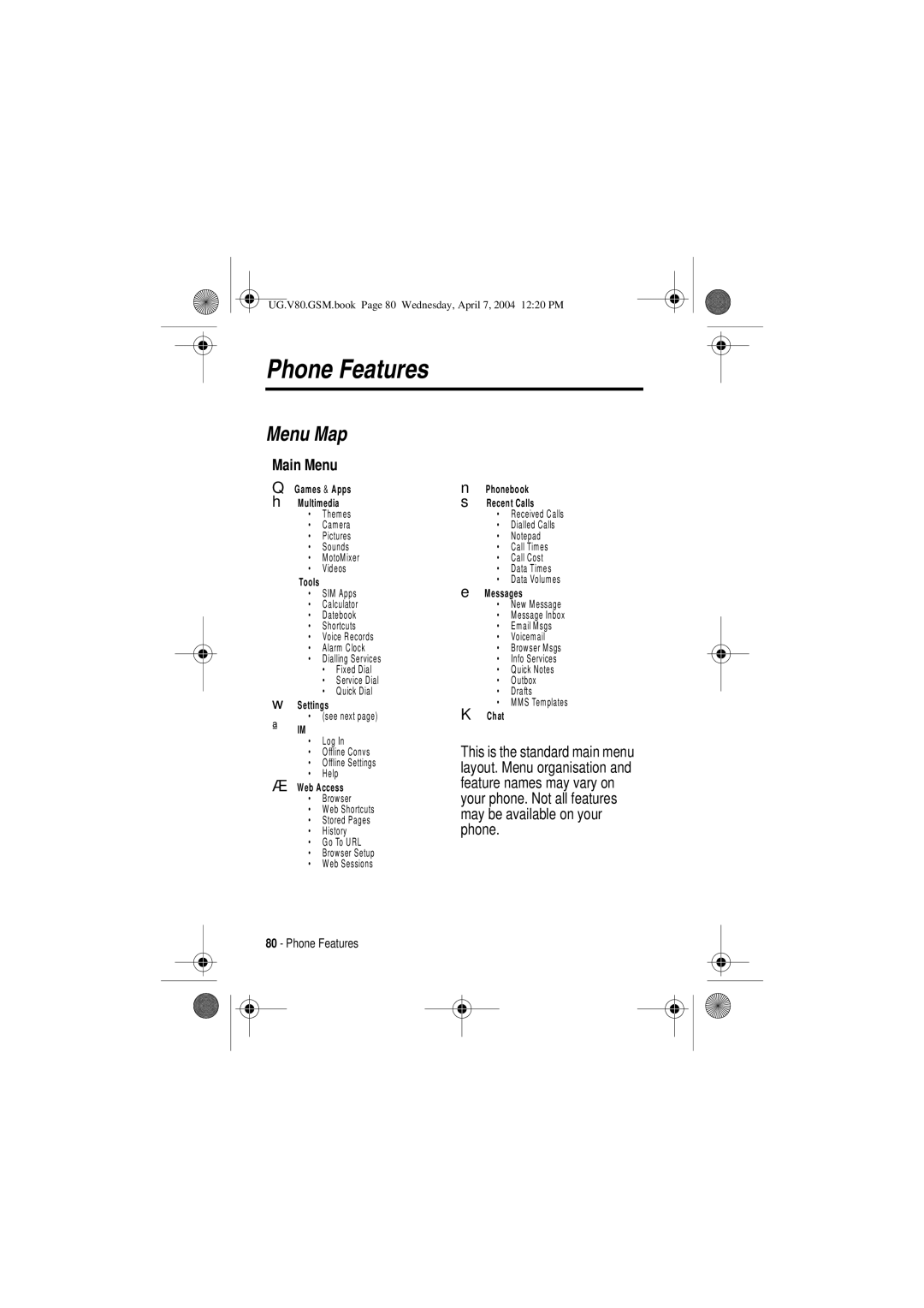 Motorola V80 manual Phone Features, Menu Map, Main Menu, May be available on your 