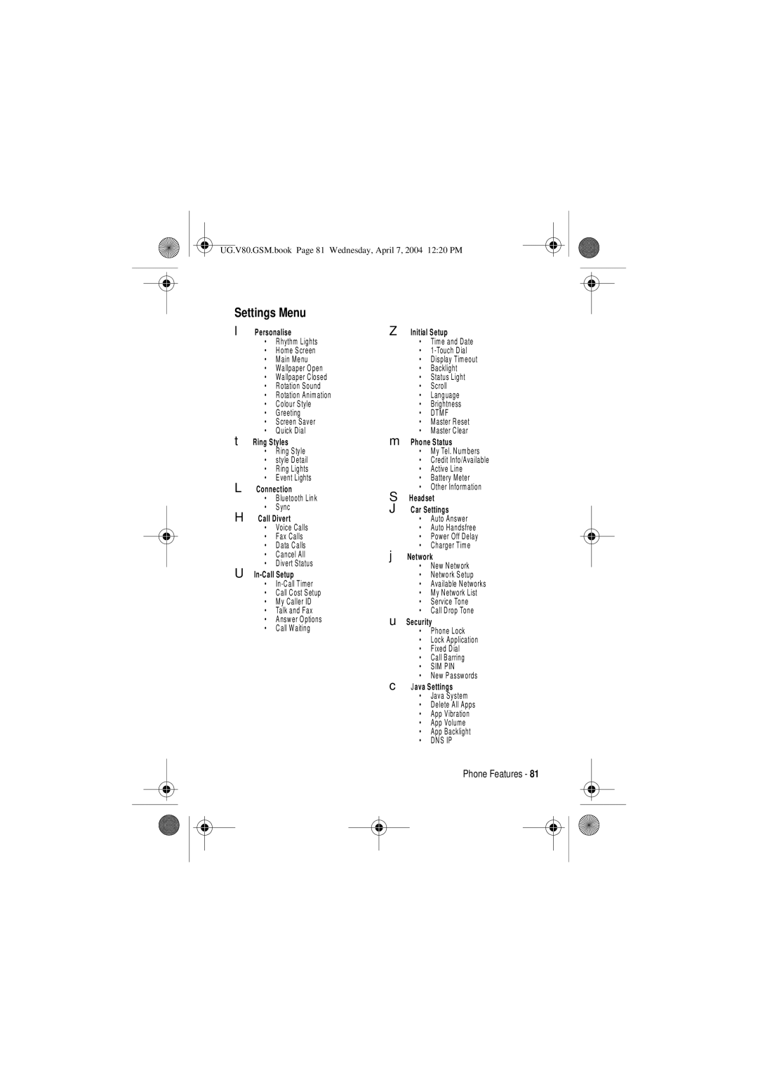 Motorola V80 manual Settings Menu, Personalise Initial Setup 