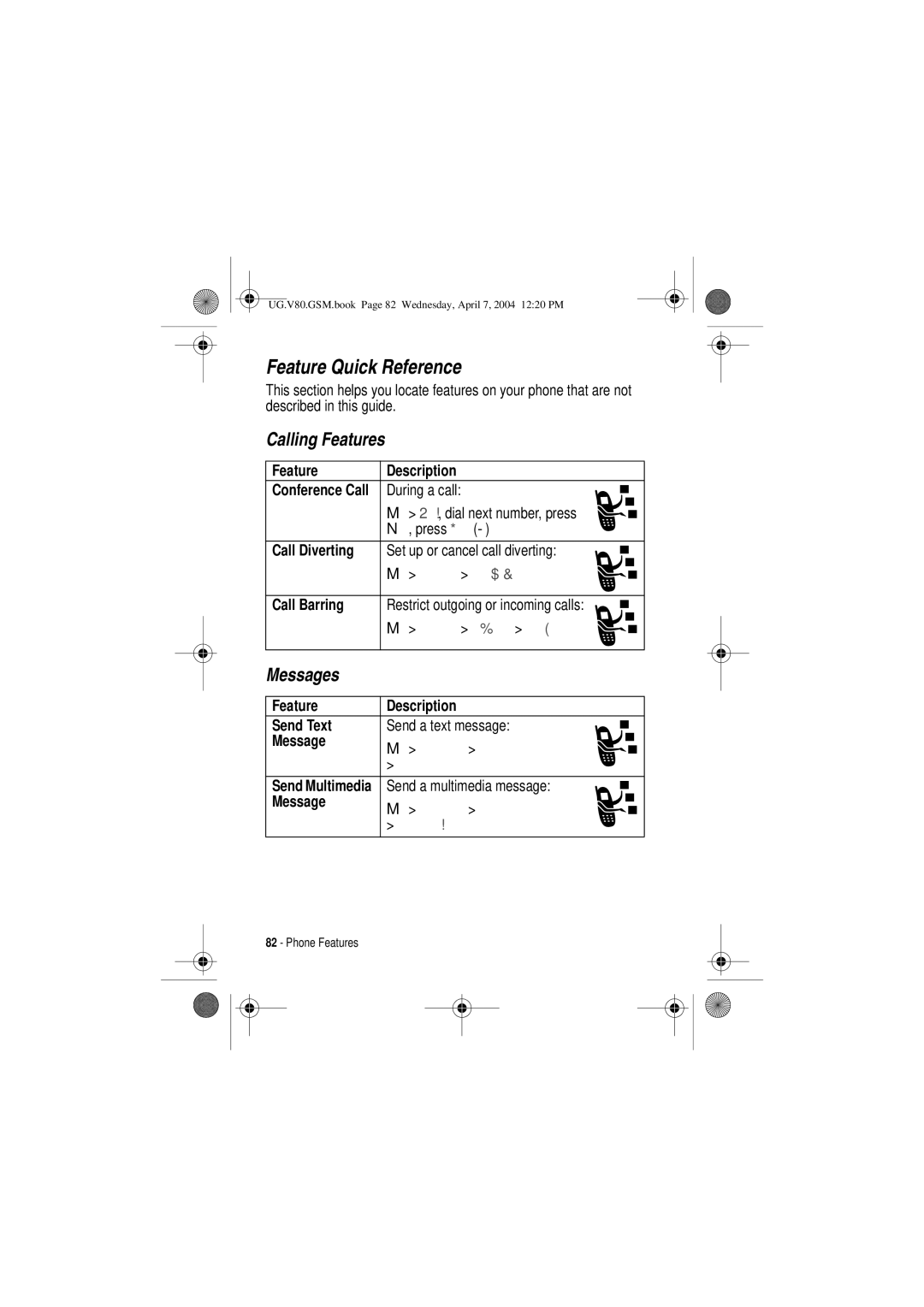 Motorola V80 manual Feature Quick Reference, Calling Features, Messages 