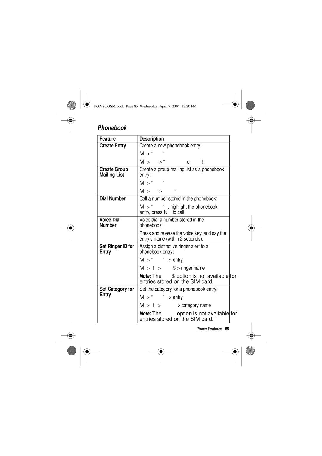 Motorola V80 manual Phonebook 