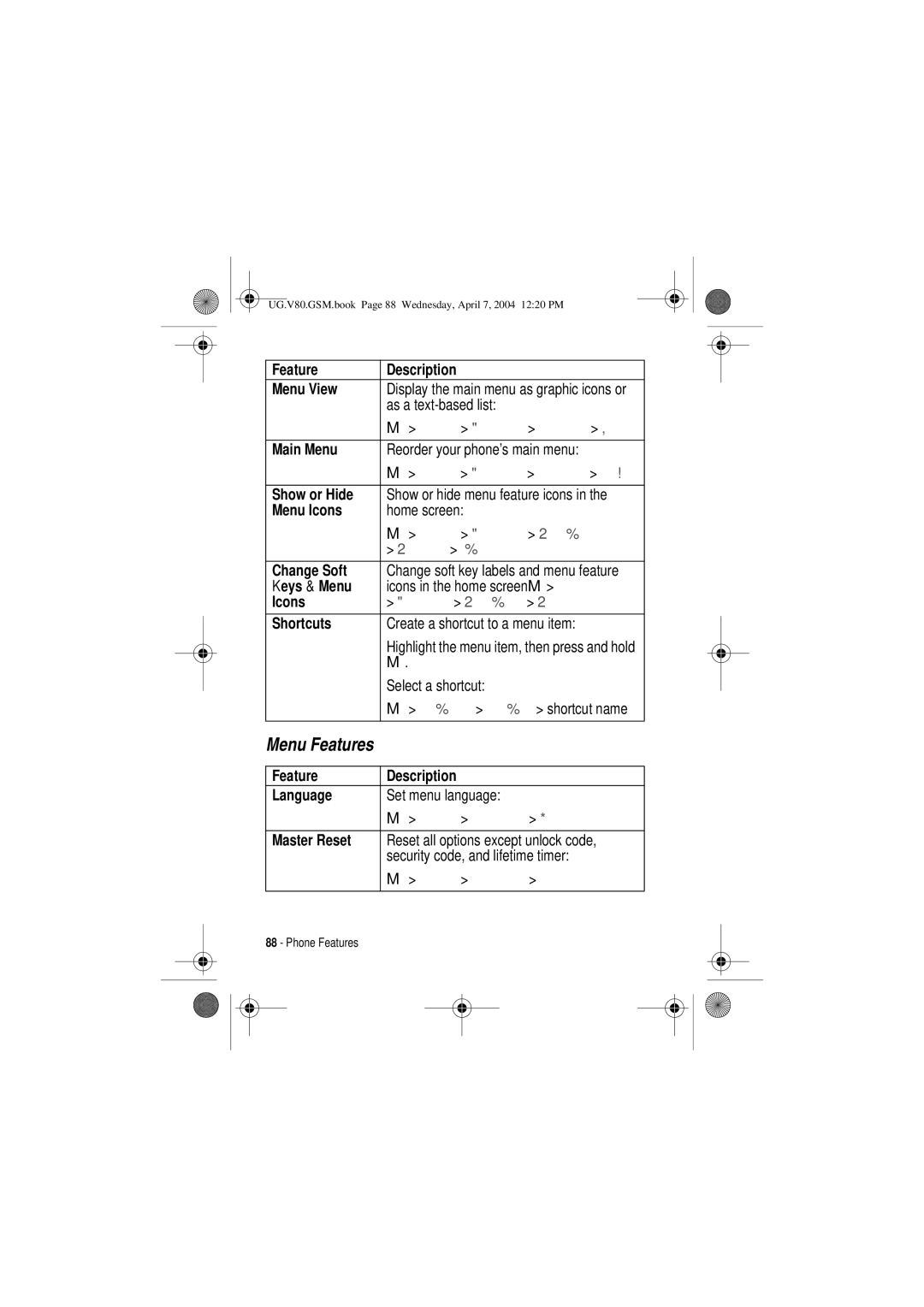 Motorola V80 manual Menu Features 