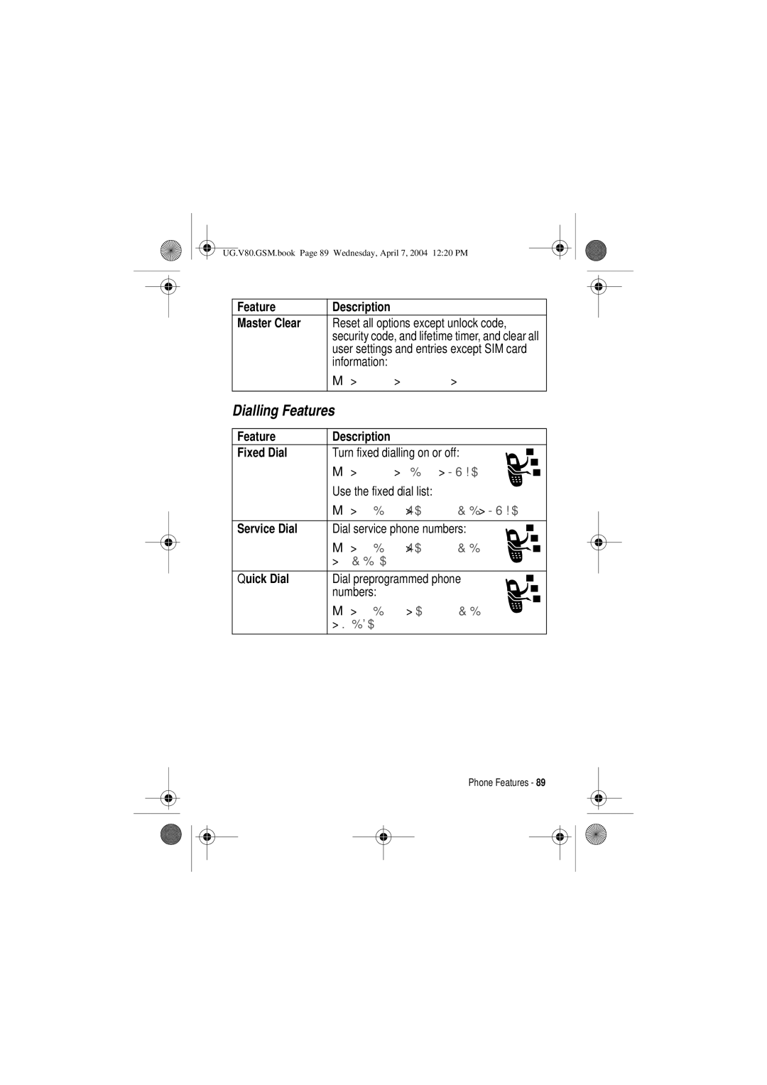 Motorola V80 Dialling Features, Feature Description Master Clear, Feature Description Fixed Dial, Service Dial, Quick Dial 