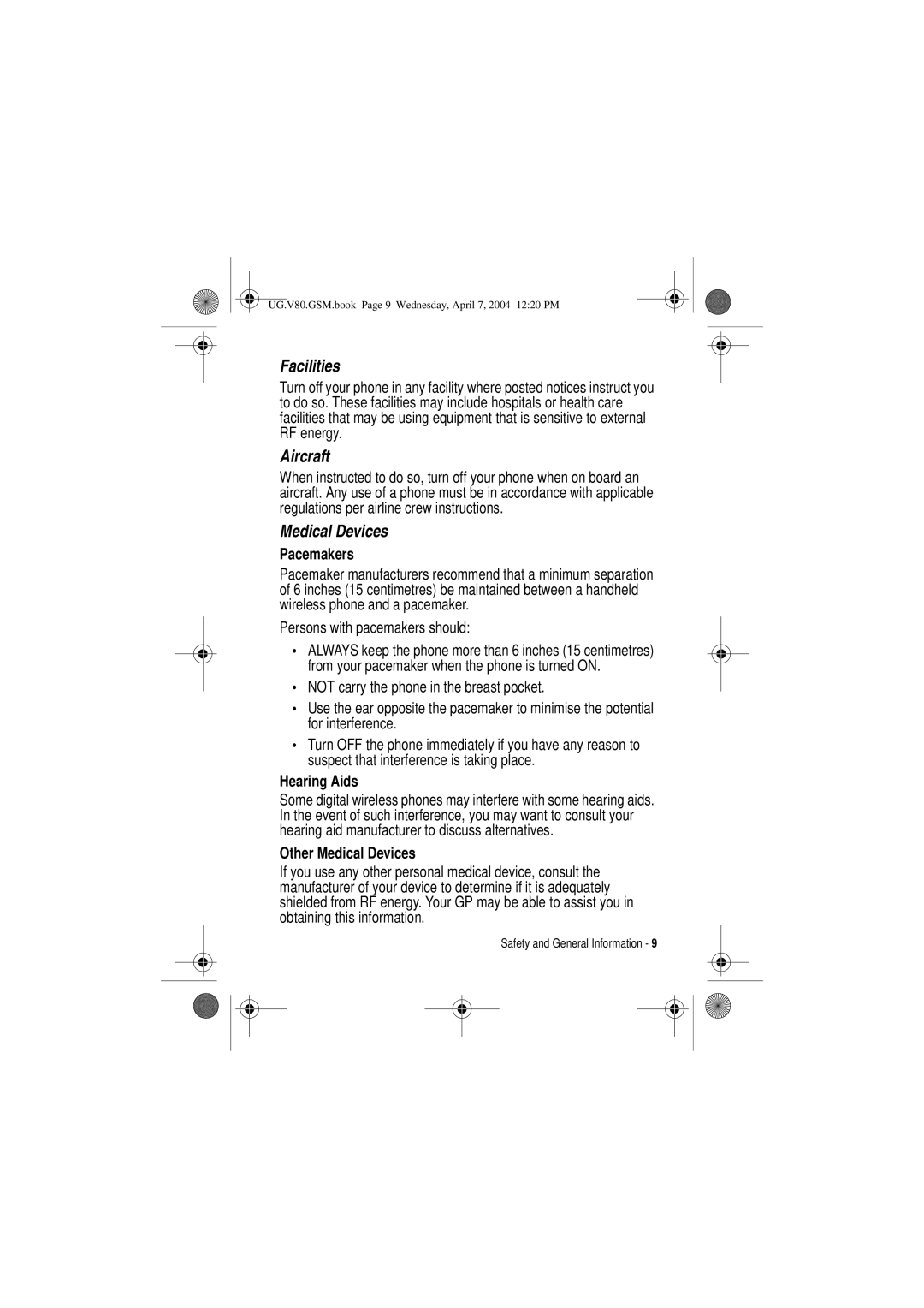 Motorola V80 manual Pacemakers, Hearing Aids, Other Medical Devices 