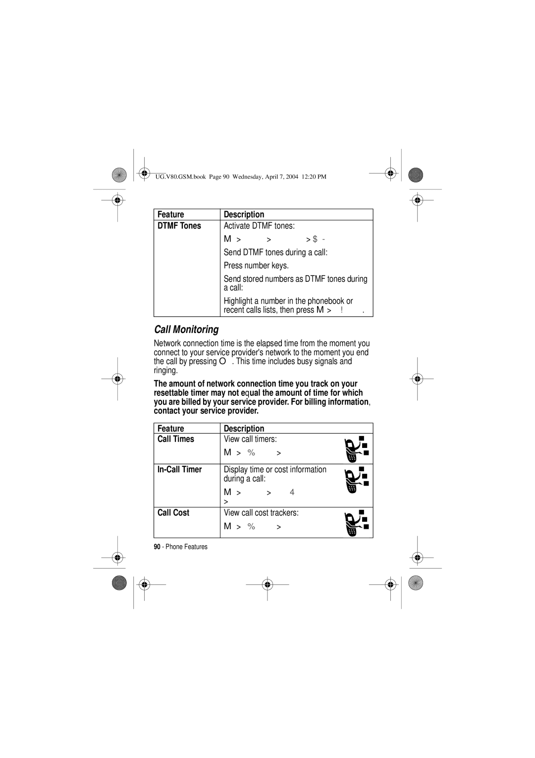 Motorola V80 manual Call Monitoring, Feature Description Dtmf Tones, Feature Description Call Times View call timers 
