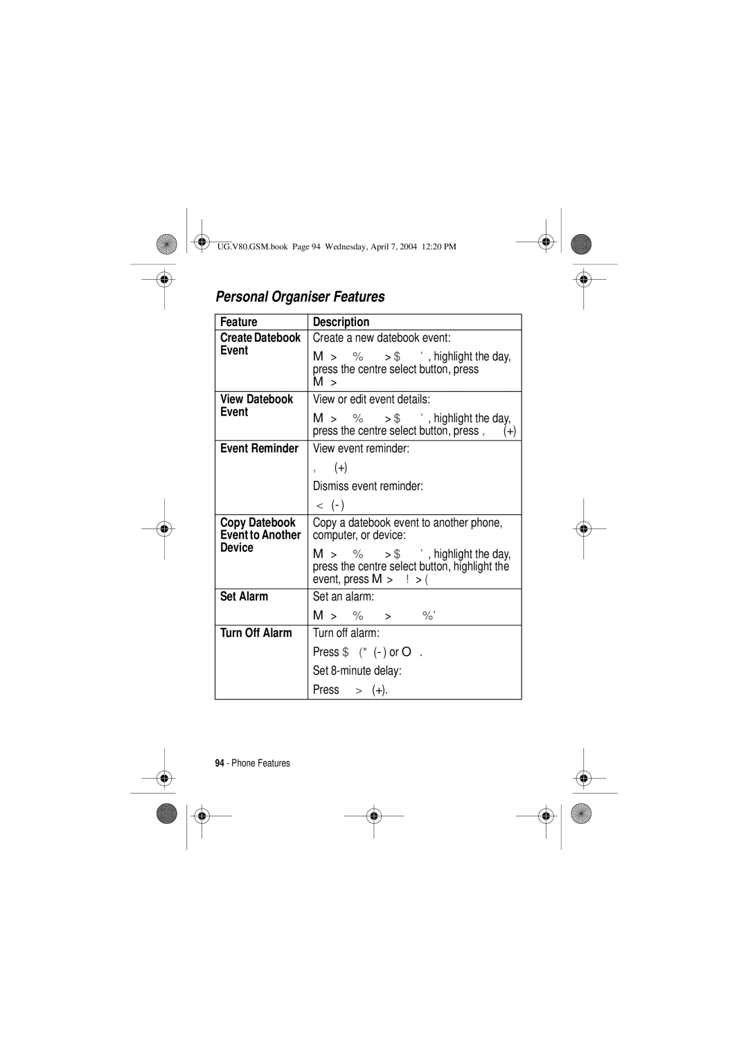 Motorola V80 manual Personal Organiser Features, Event, 1HZ, Set Alarm, Turn Off Alarm 