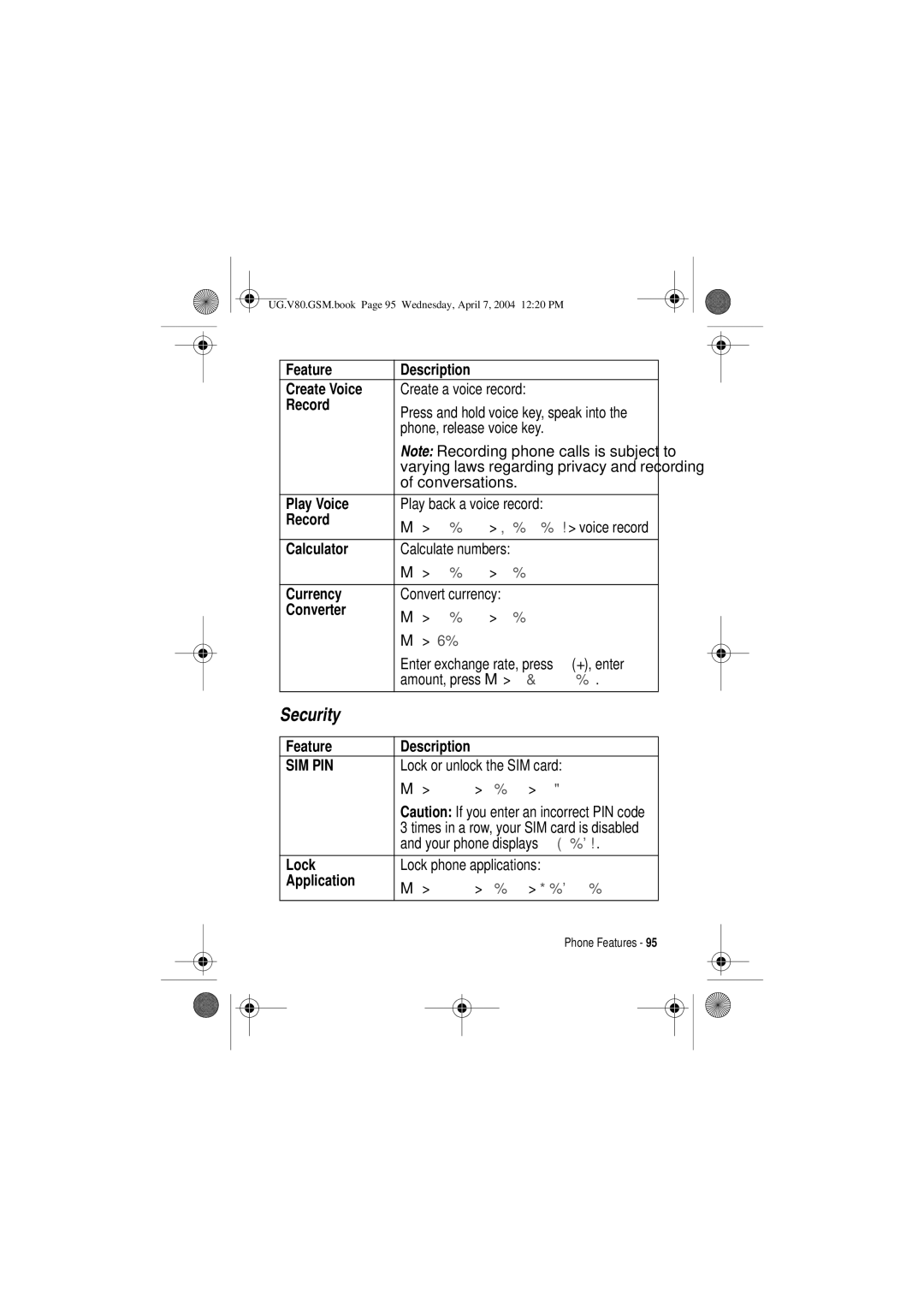 Motorola V80 manual Security 