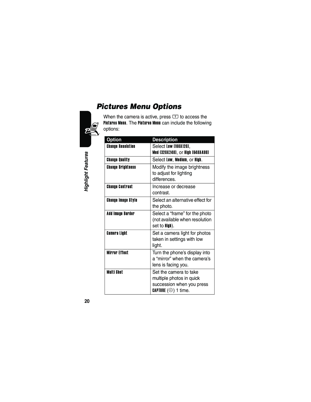 Motorola V810 manual Pictures Menu Options 