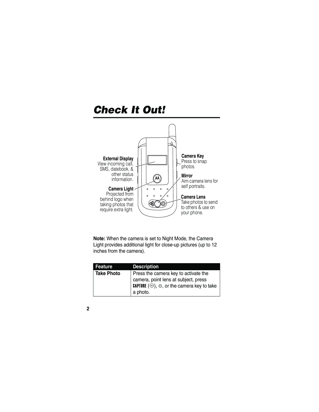 Motorola V810 manual Check It Out, External Display, Mirror, Camera Lens, Take Photo 