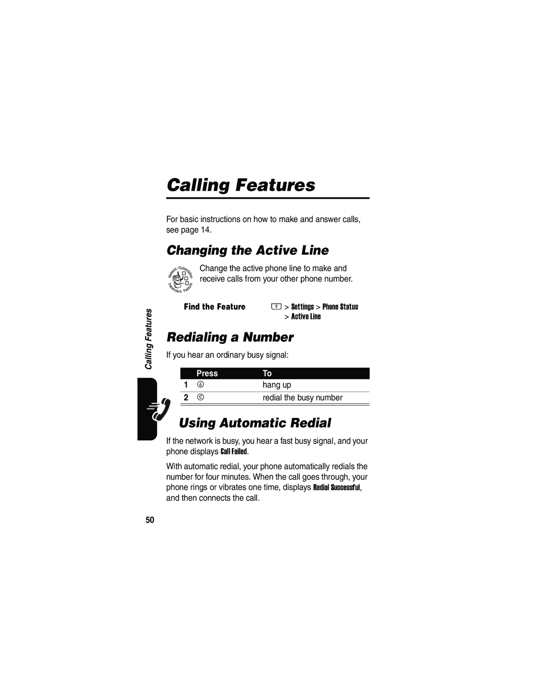 Motorola V810 manual Calling Features, Changing the Active Line, Redialing a Number, Using Automatic Redial 