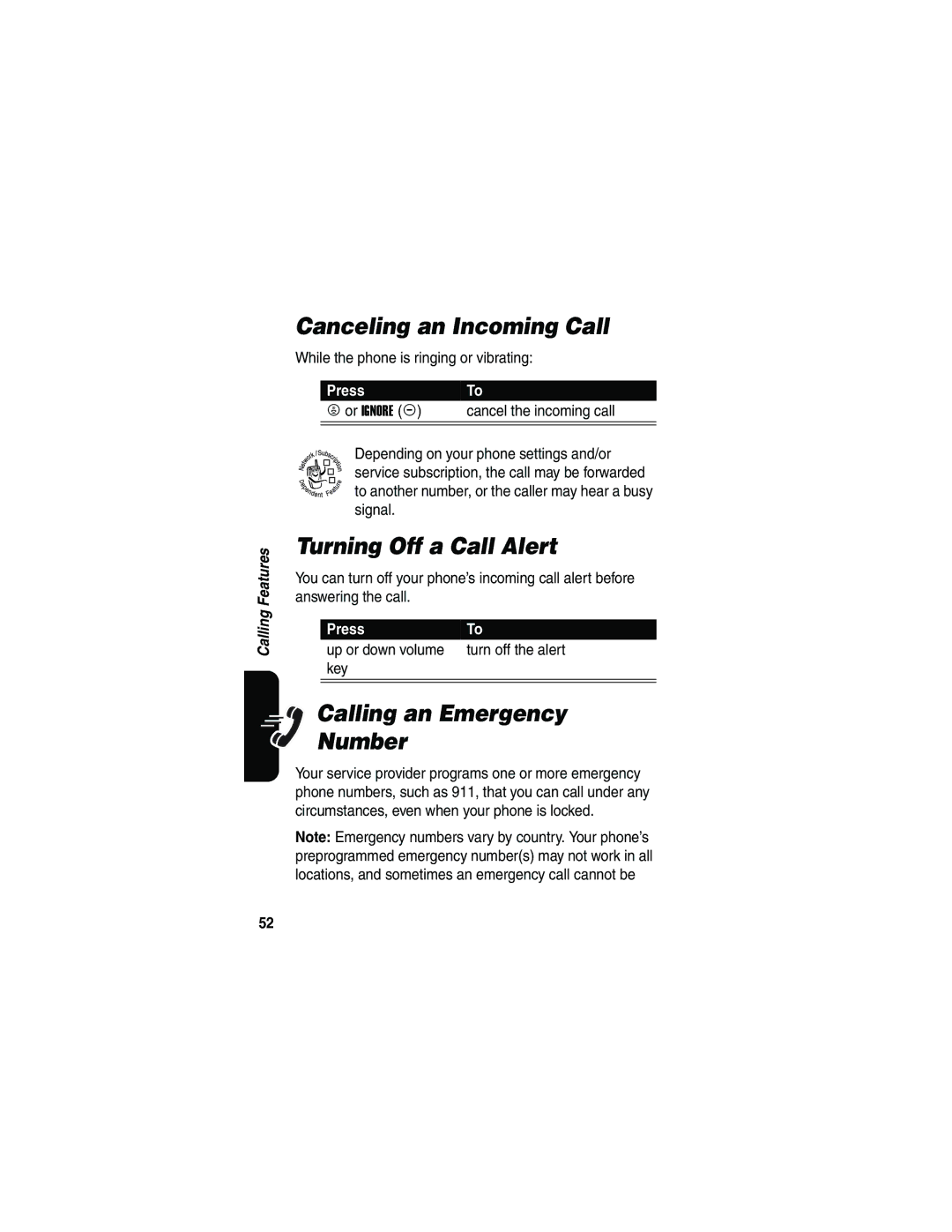 Motorola V810 manual Canceling an Incoming Call, Turning Off a Call Alert, Calling an Emergency Number 