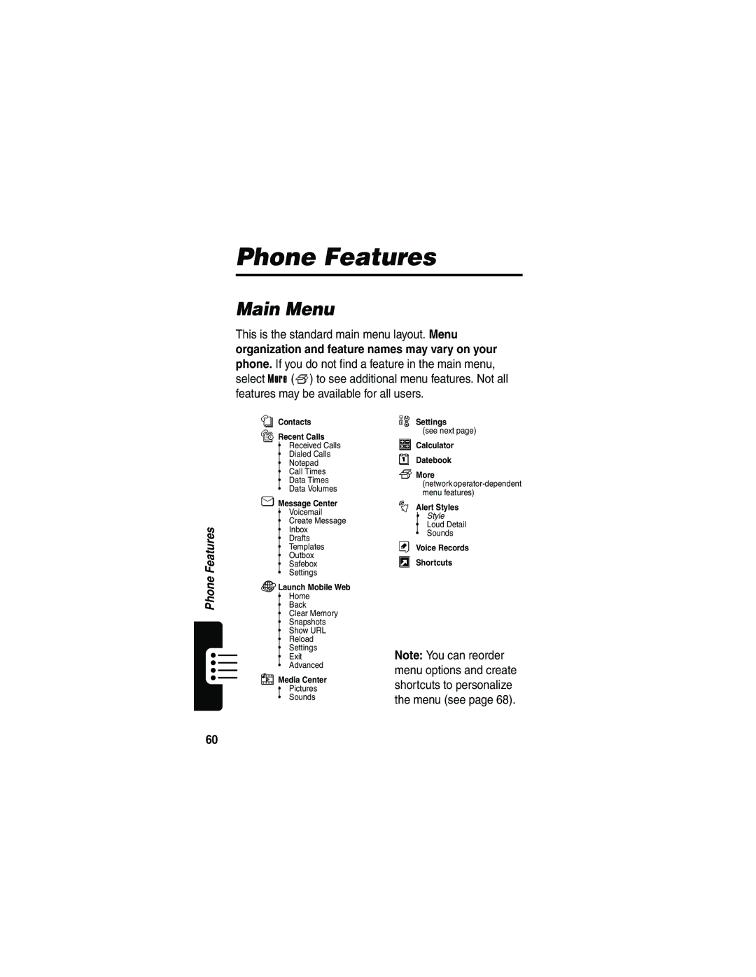 Motorola V810 manual Phone Features, Main Menu 