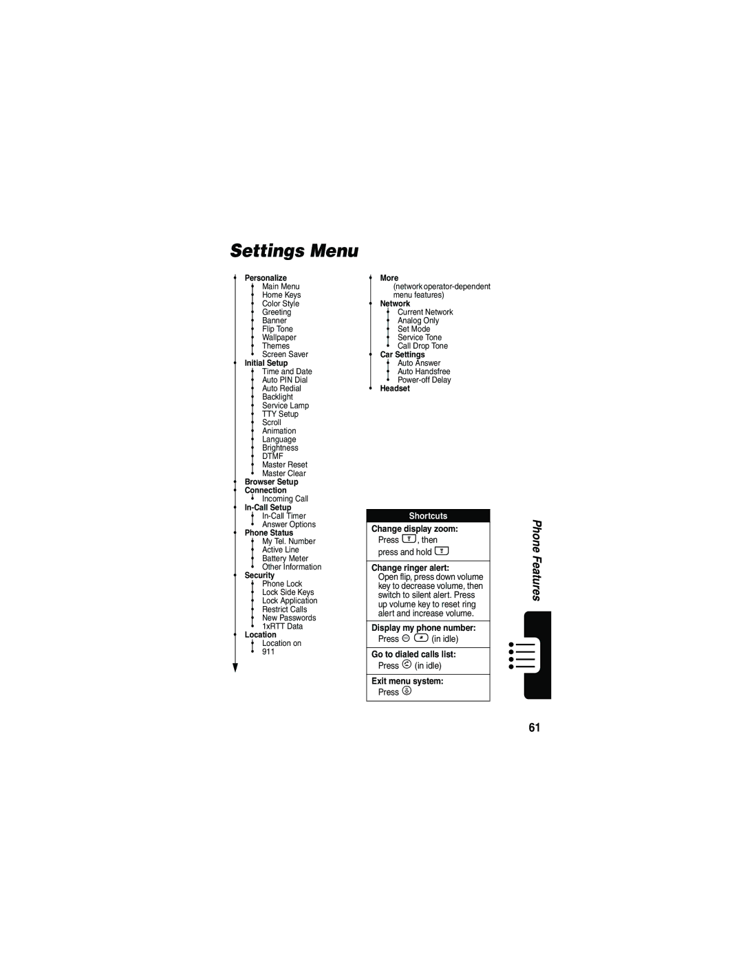 Motorola V810 manual Settings Menu, Initial Setup 