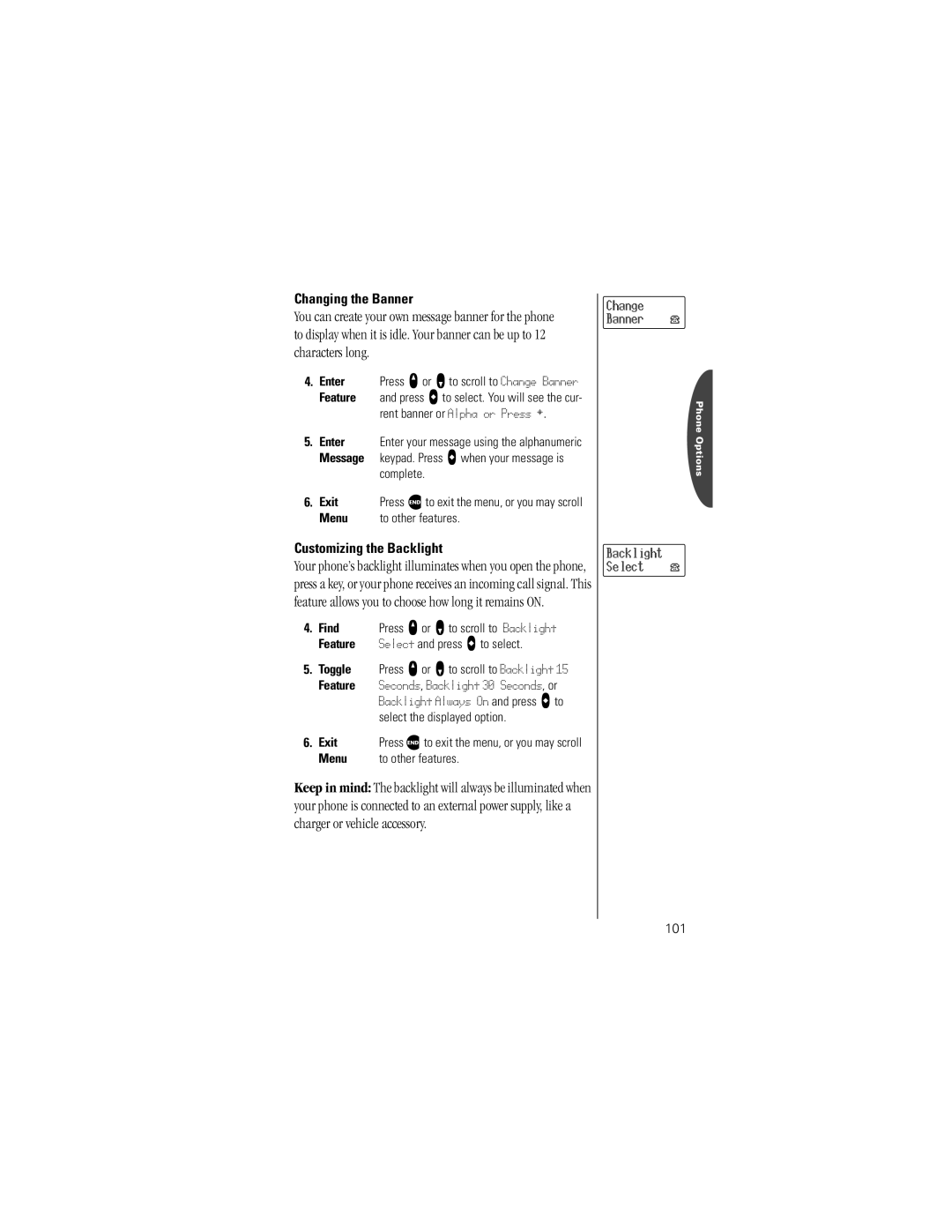 Motorola V8160 specifications Changing the Banner, Customizing the Backlight 