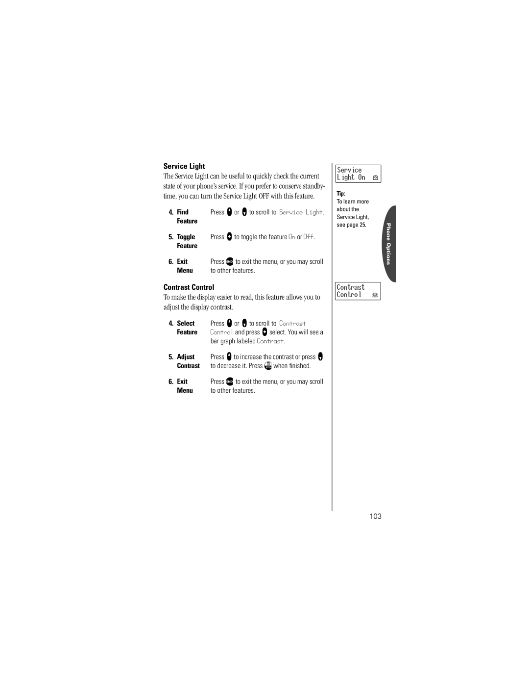 Motorola V8160 specifications Contrast Control, Bar graph labeled Contrast, 103 