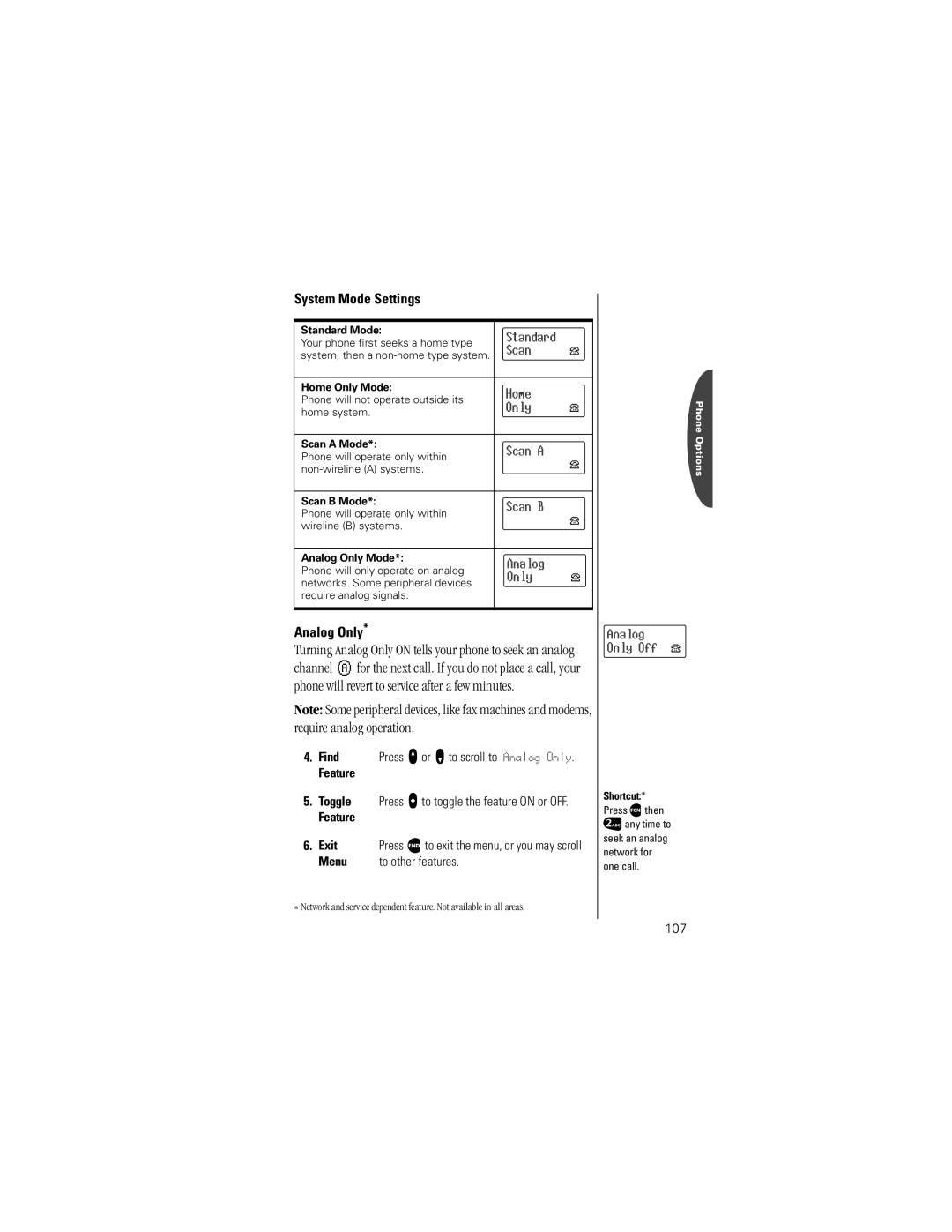 Motorola V8160 specifications System Mode Settings, Analog Only, 107 