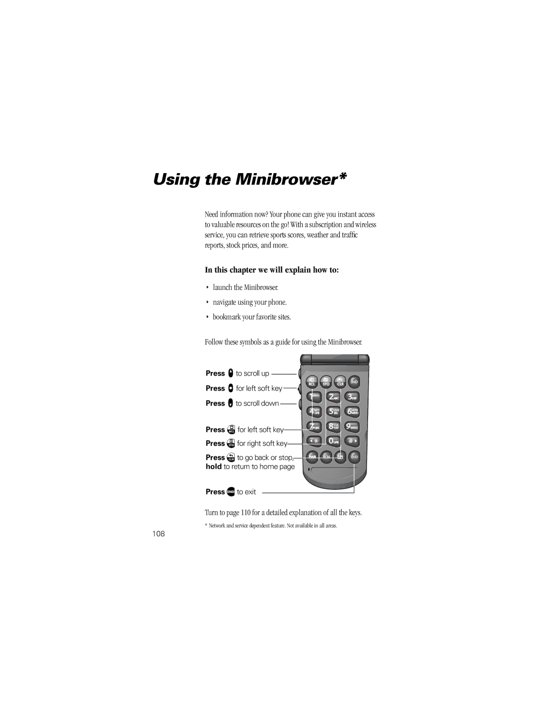 Motorola V8160 Using the Minibrowser, Turn to page 110 for a detailed explanation of all the keys, Press ¼ to exit, 108 