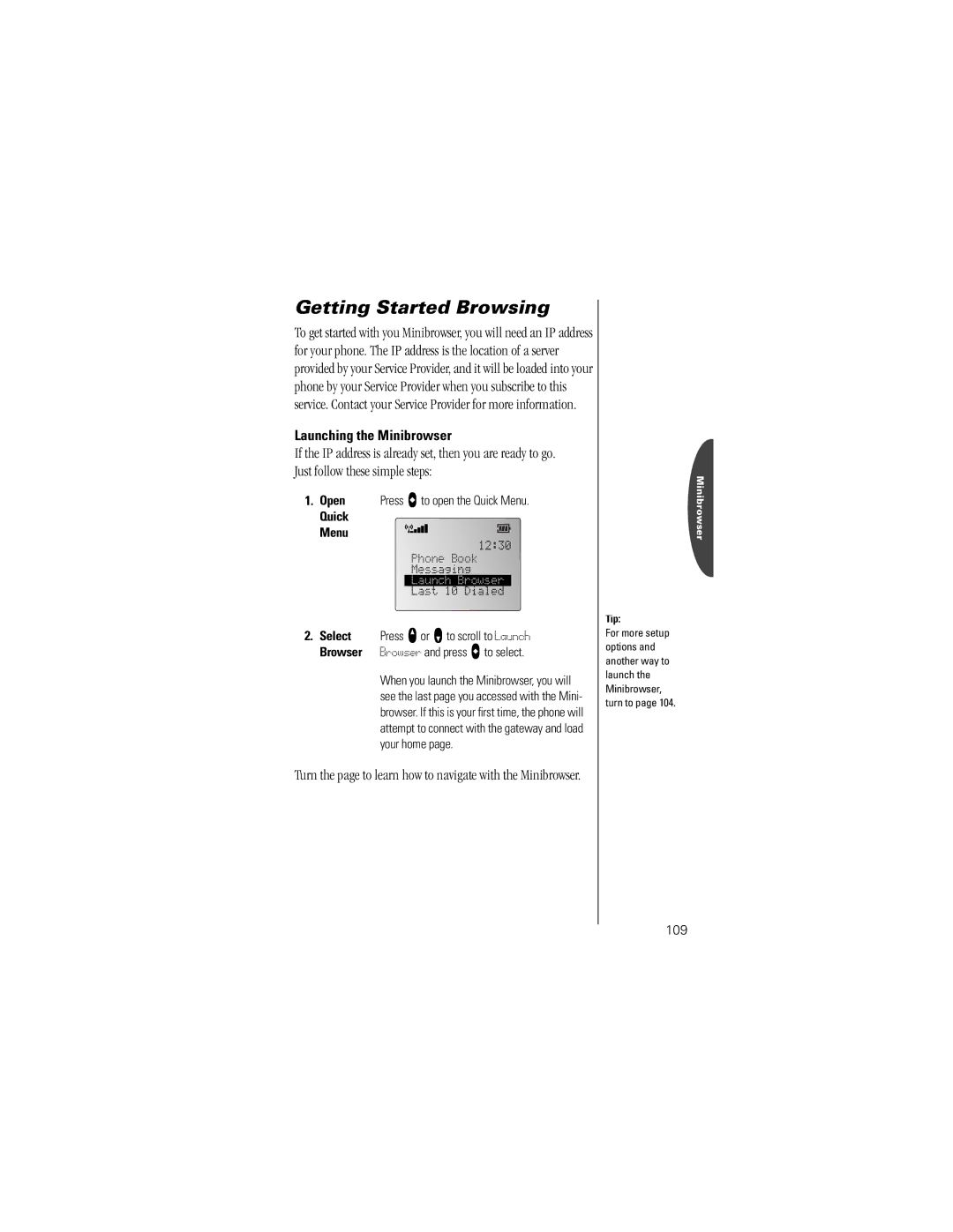 Motorola V8160 specifications Getting Started Browsing, Open, Quick Menu, 109 