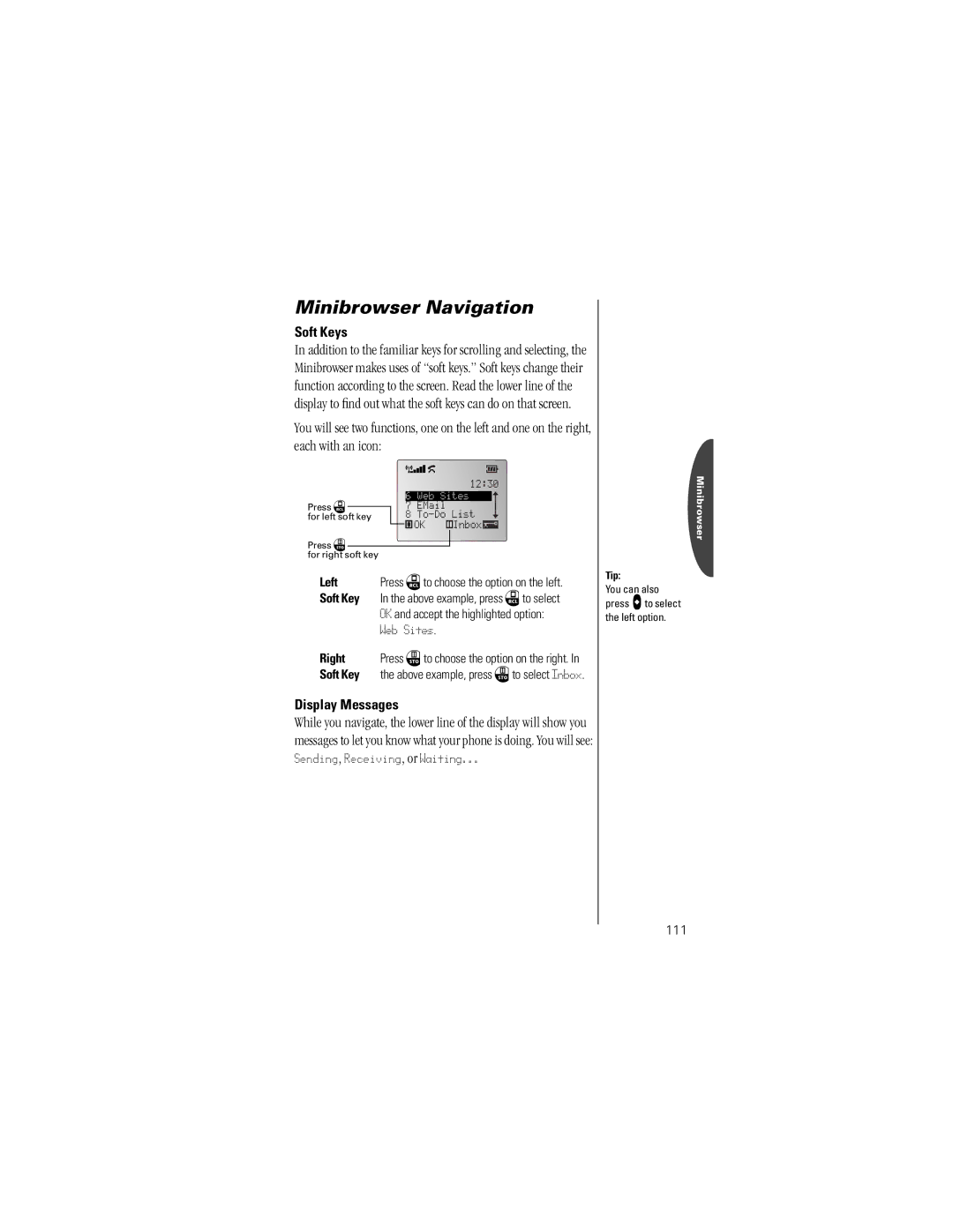 Motorola V8160 specifications Soft Keys, Display Messages, Left, Right 