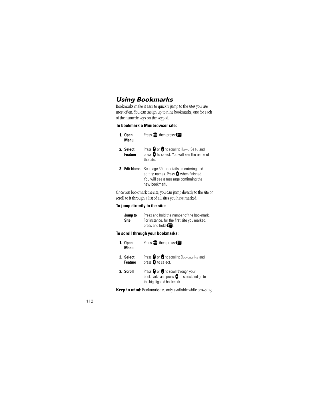 Motorola V8160 specifications Using Bookmarks, To bookmark a Minibrowser site, To jump directly to the site 