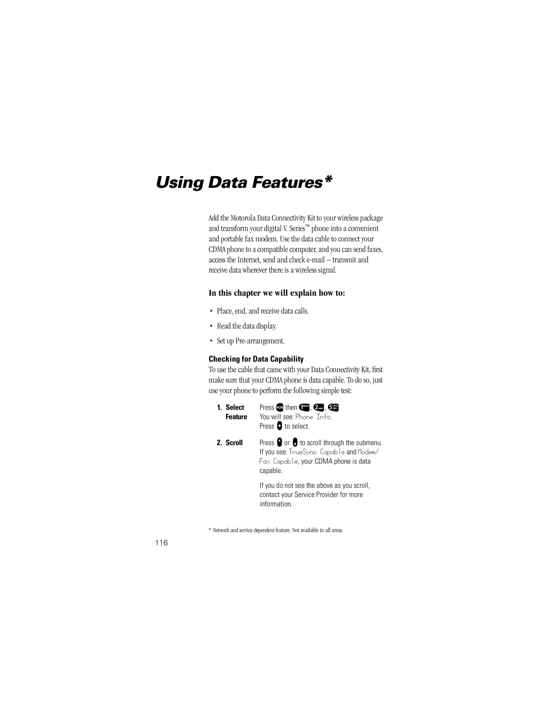 Motorola V8160 specifications Using Data Features, Checking for Data Capability, Select Press Ä then Ú, Û, Þ, 116 