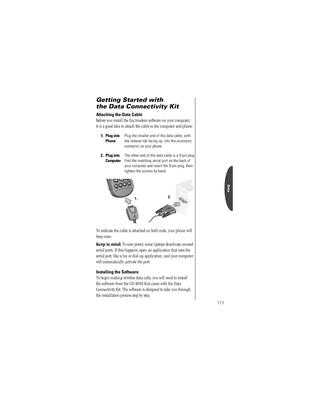 Motorola V8160 Getting Started with Data Connectivity Kit, Attaching the Data Cable, Installing the Software, 117 