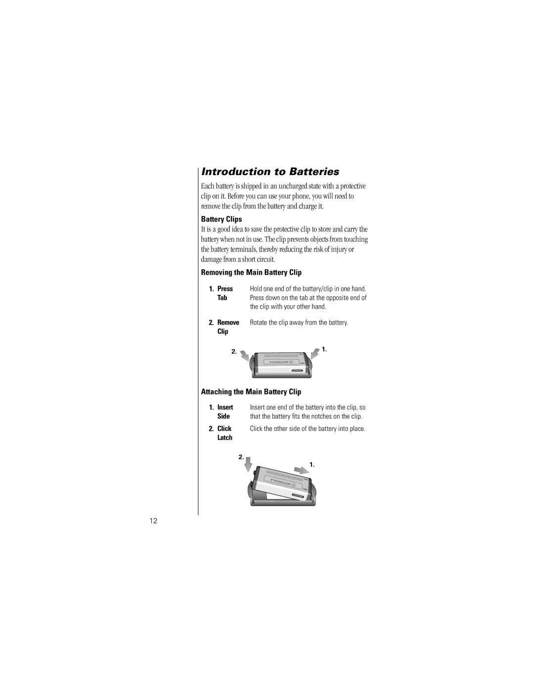 Motorola V8160 Introduction to Batteries, Battery Clips, Removing the Main Battery Clip, Attaching the Main Battery Clip 