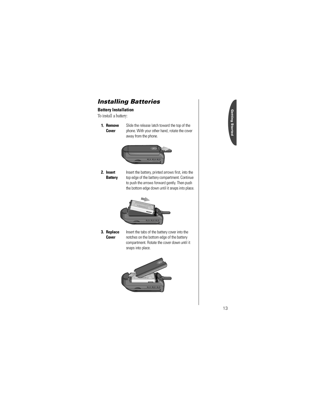 Motorola V8160 specifications Installing Batteries, To install a battery, Battery Installation, Insert 