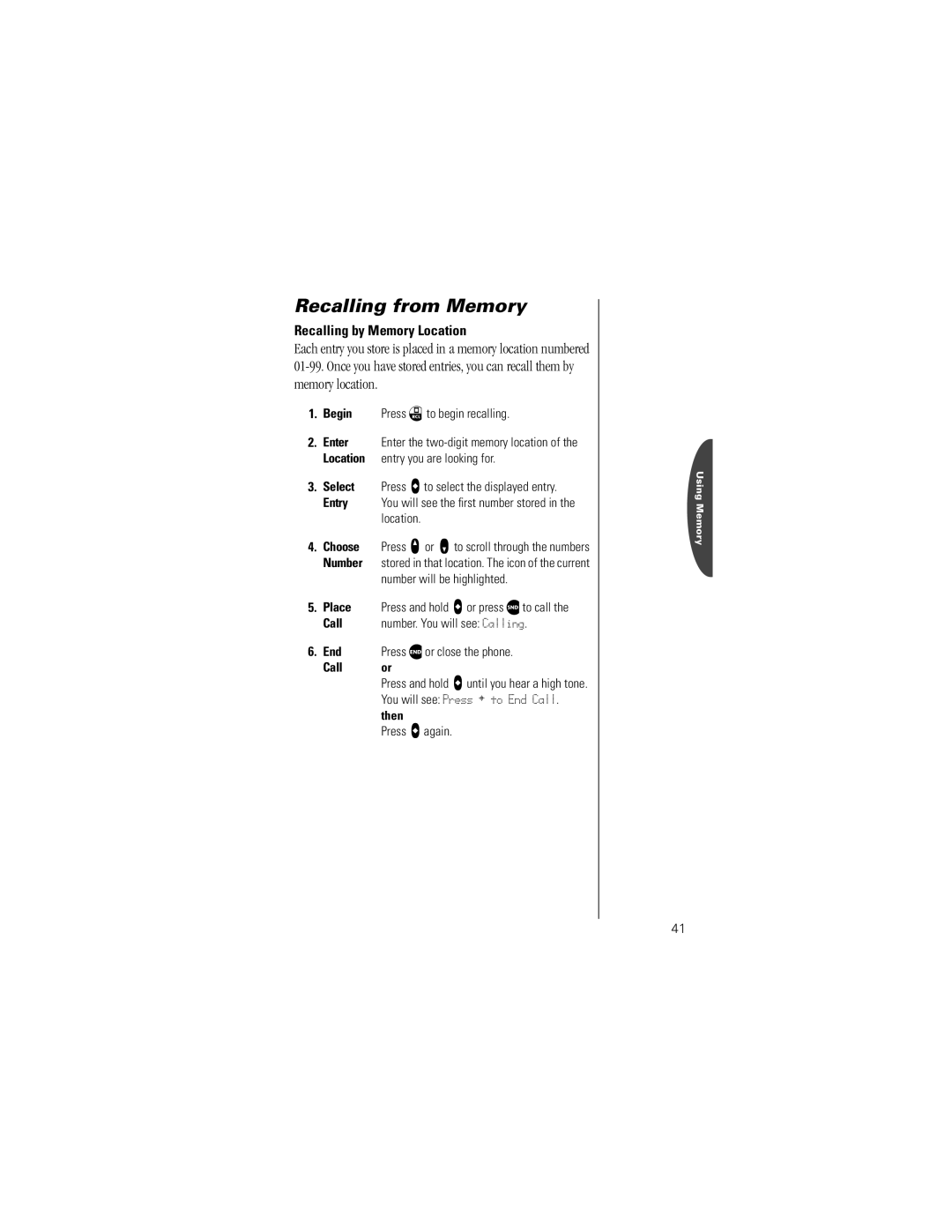 Motorola V8160 specifications Recalling by Memory Location 