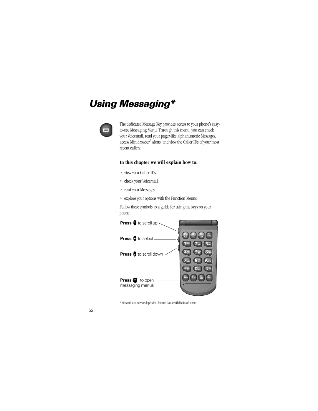 Motorola V8160 specifications Using Messaging, Press q to scroll up, Press ¿ to open, Messaging menus 