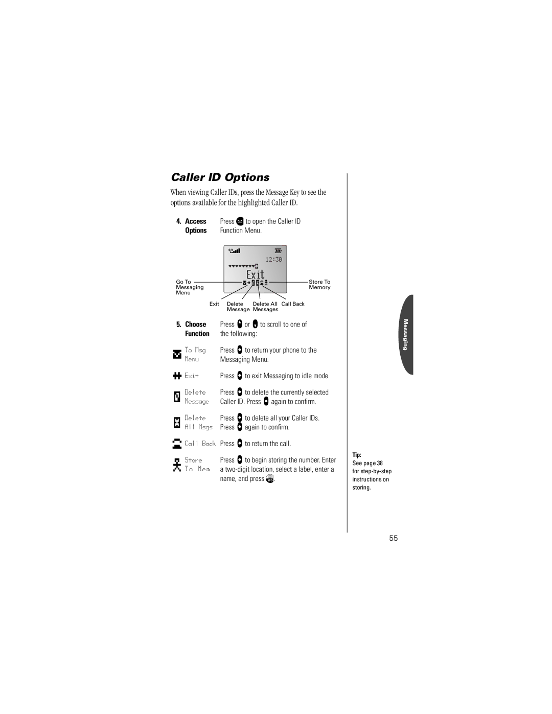 Motorola V8160 specifications Access Press ¿ to open the Caller ID Options Function Menu, Name, and press Â 