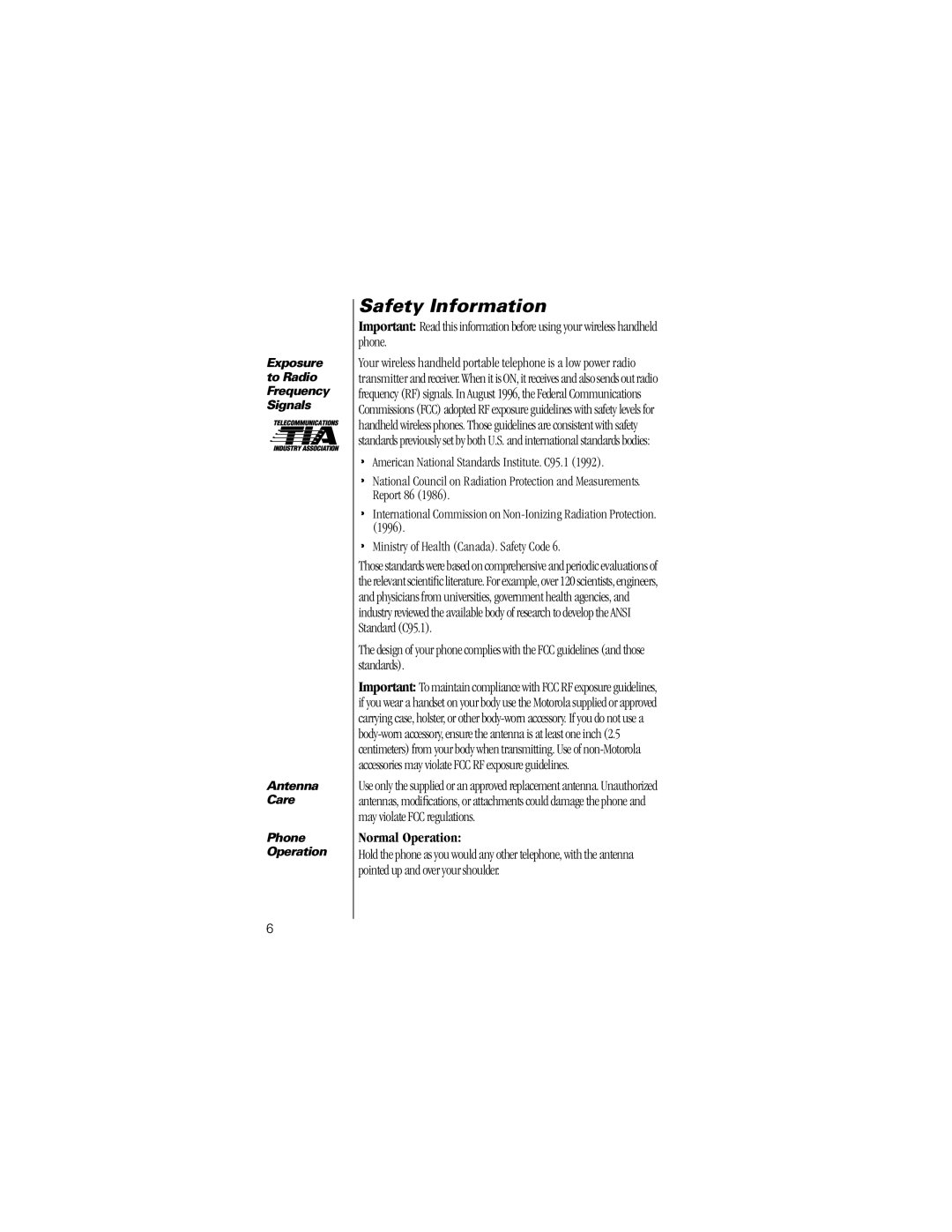 Motorola V8160 specifications Safety Information, Normal Operation 