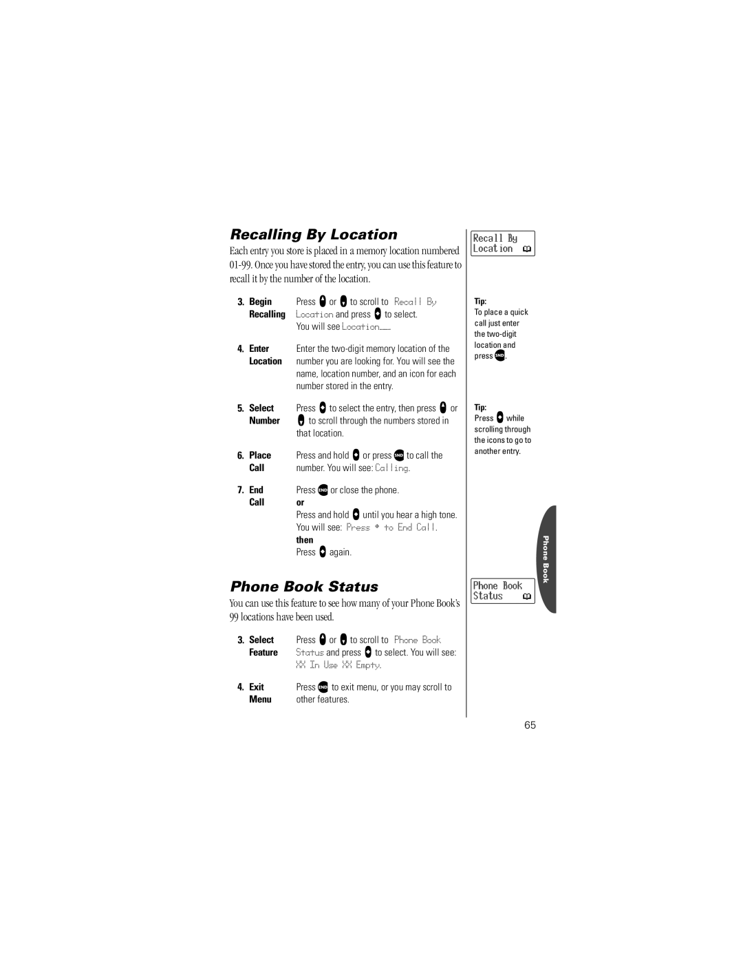 Motorola V8160 specifications Recalling By Location, Phone Book Status 