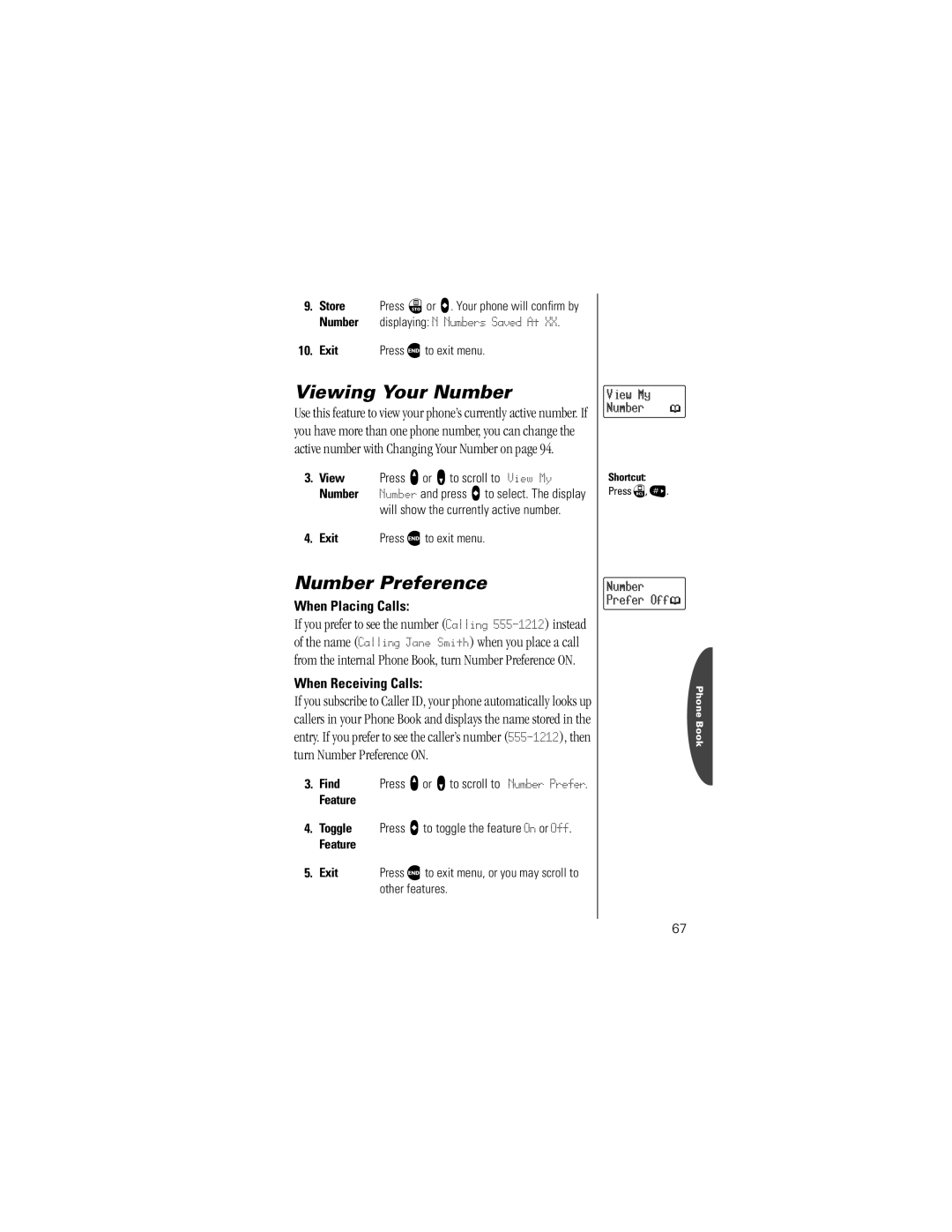 Motorola V8160 Viewing Your Number, Number Preference, When Placing Calls, When Receiving Calls, Feature Exit 