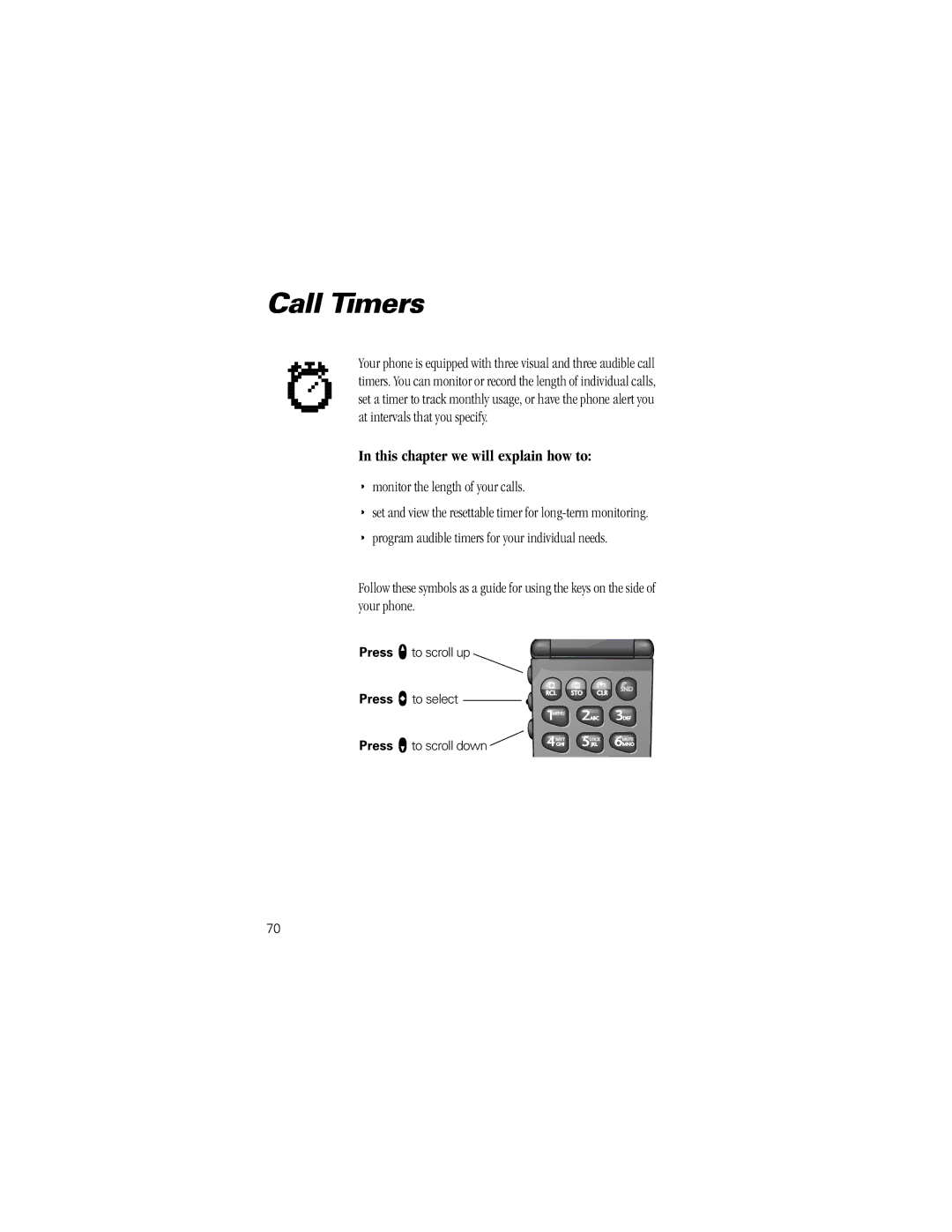 Motorola V8160 specifications Call Timers, Monitor the length of your calls 