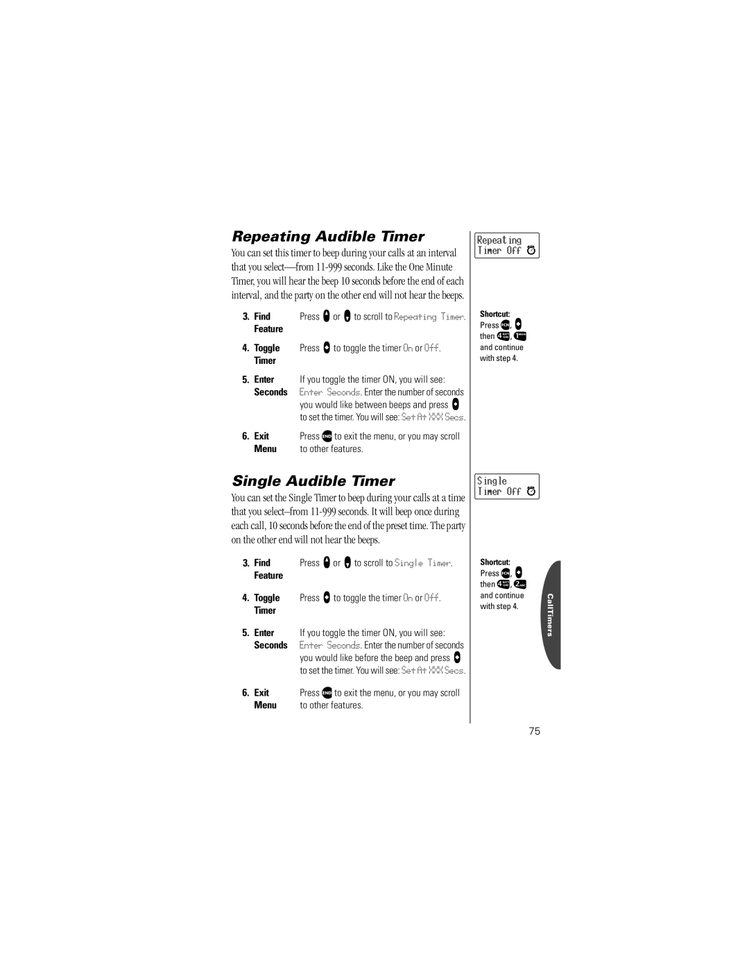 Motorola V8160 specifications Repeating Audible Timer, Single Audible Timer, Enter If you toggle the timer ON, you will see 