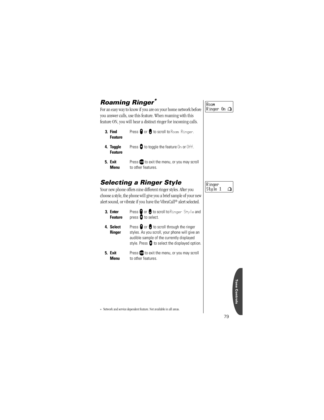 Motorola V8160 specifications Roaming Ringer, Selecting a Ringer Style, Select Press q or Z to scroll through the ringer 