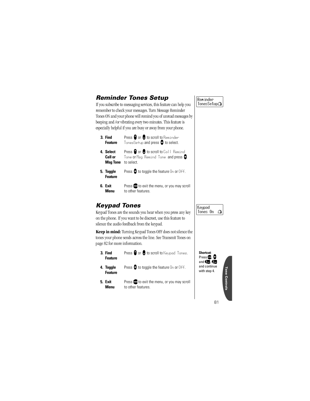 Motorola V8160 specifications Reminder Tones Setup, Keypad Tones, Select Press q or Z to scroll to Call Remind 