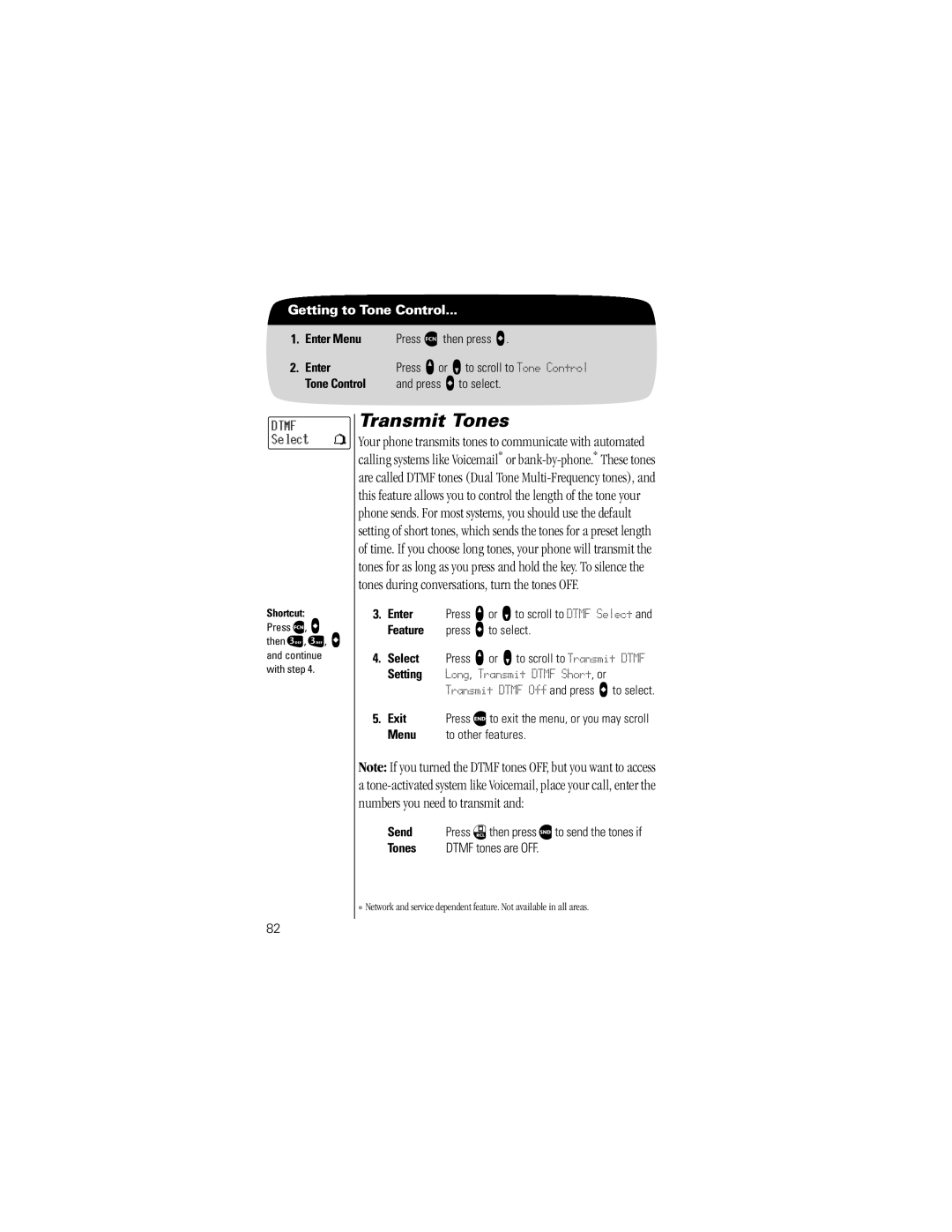 Motorola V8160 specifications Transmit Tones, Transmit Dtmf Off and press a to select 