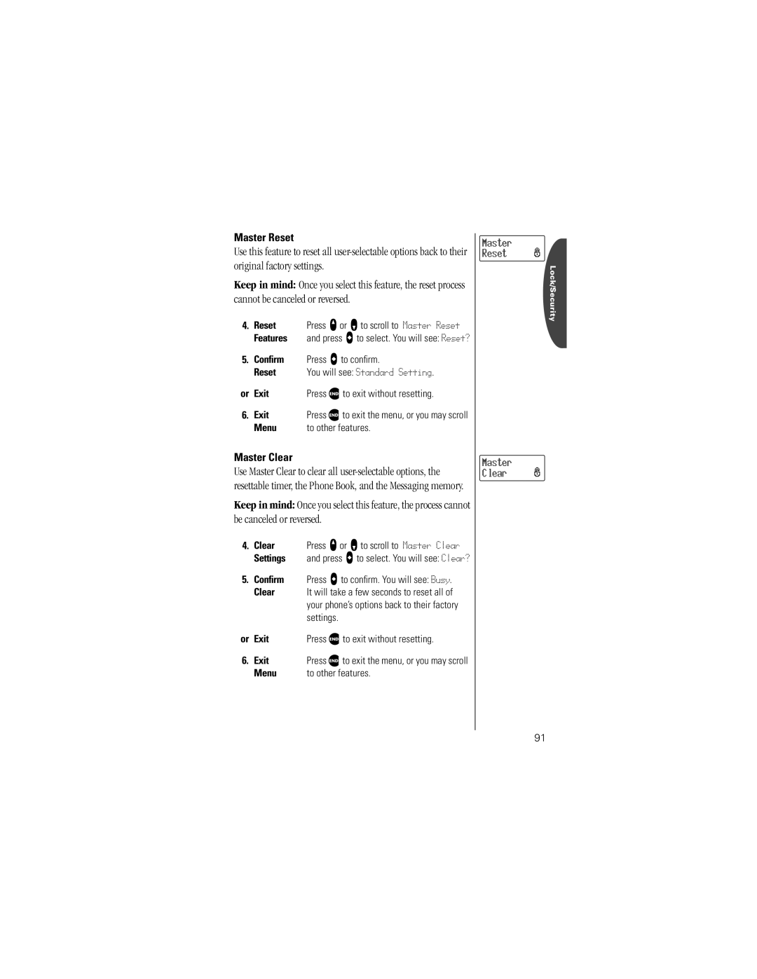 Motorola V8160 specifications Master Reset, Master Clear 