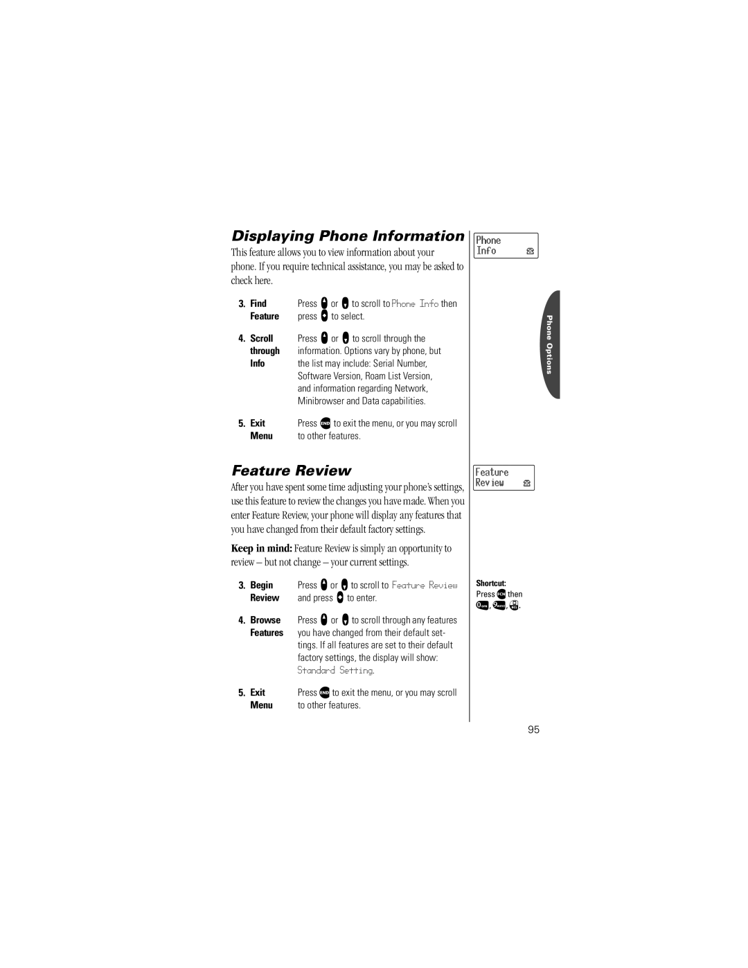 Motorola V8160 specifications Displaying Phone Information, Feature Review 