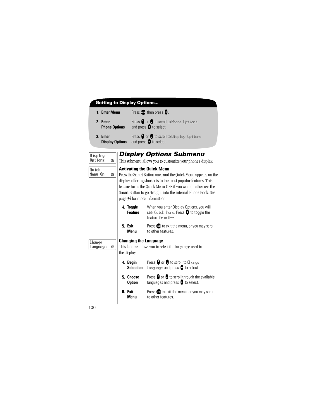 Motorola V8162 specifications Display Options Submenu, Activating the Quick Menu, Changing the Language, 100 