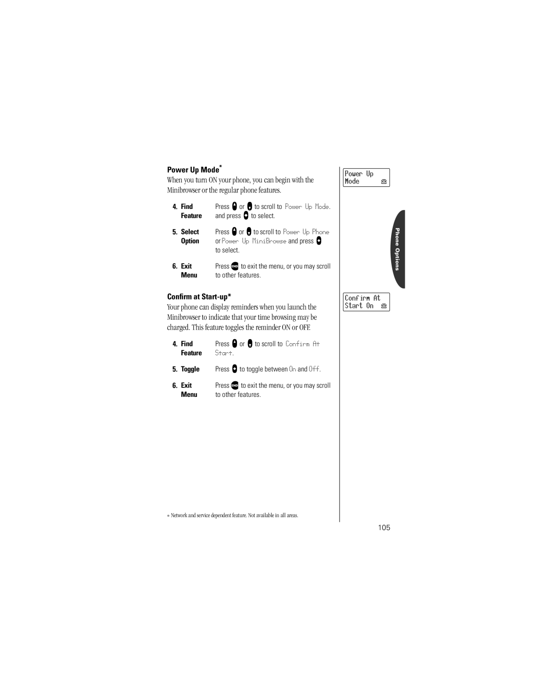 Motorola V8162 specifications Power Up Mode, Conﬁrm at Start-up, Select Press qor Zto scroll to Power Up Phone, 105 