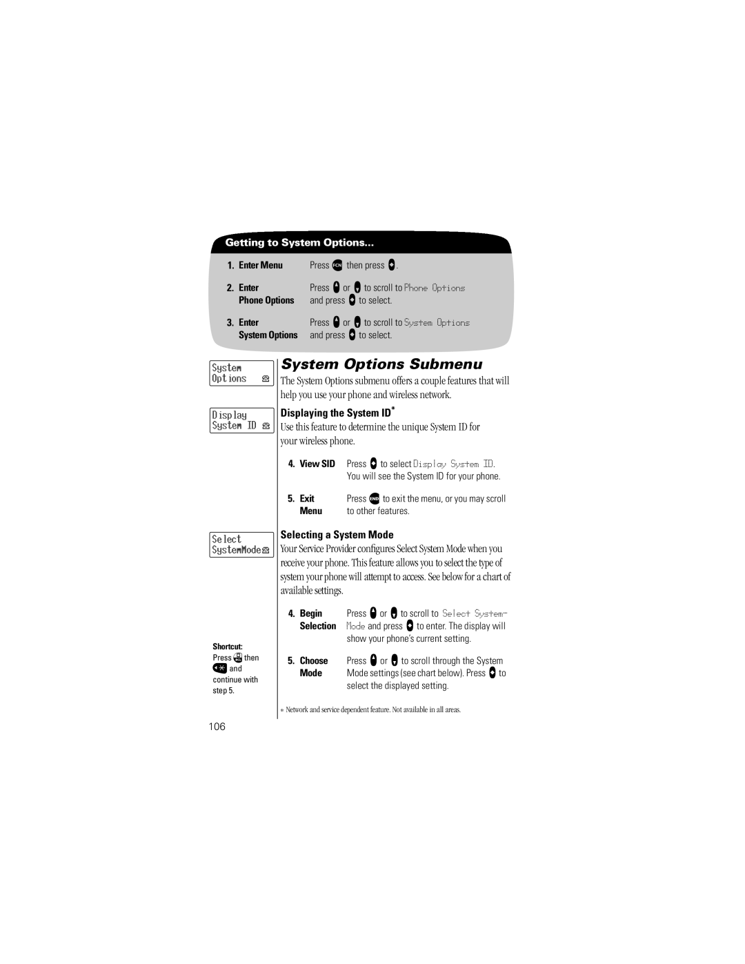 Motorola V8162 System Options Submenu, Displaying the System ID, Selecting a System Mode, Select the displayed setting 