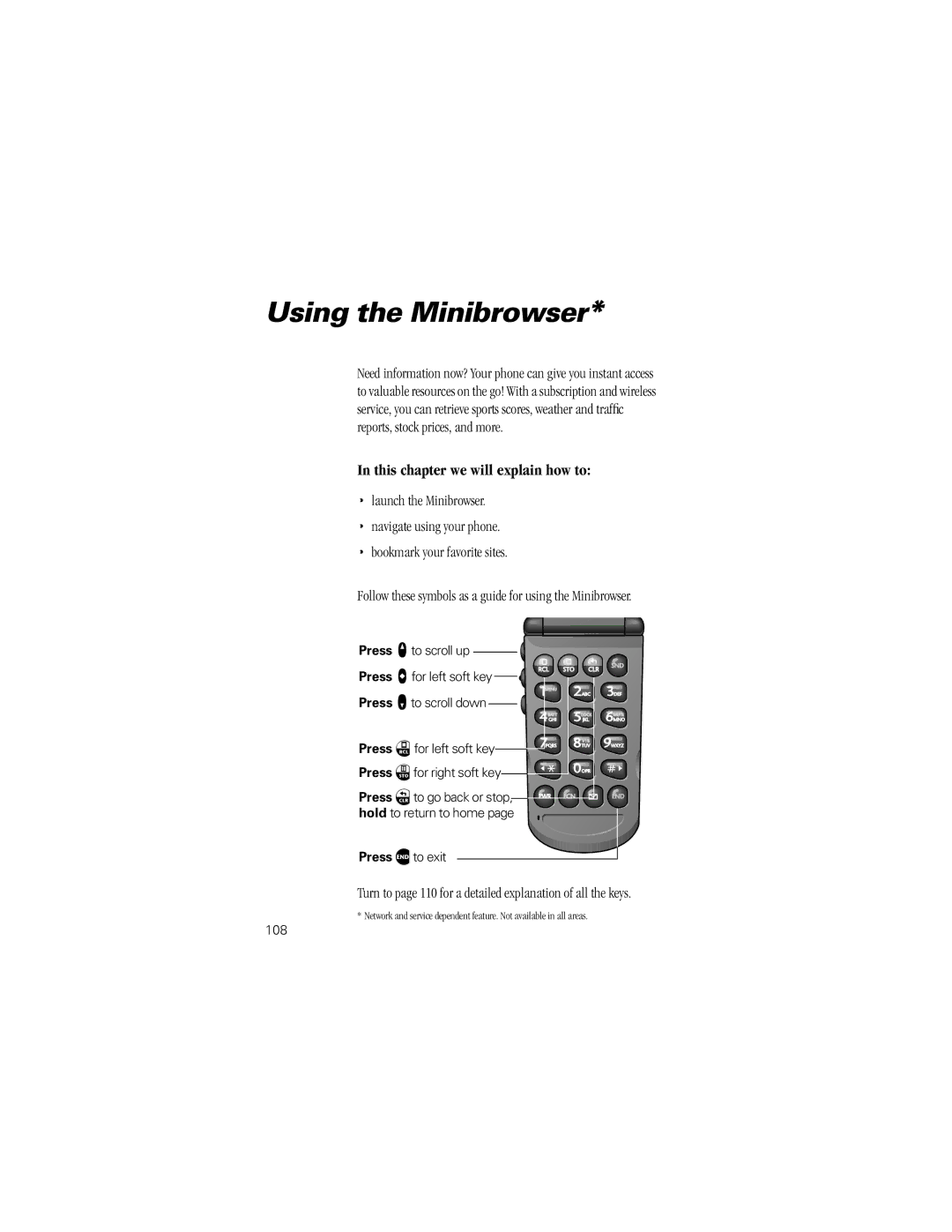 Motorola V8162 Using the Minibrowser, Turn to page 110 for a detailed explanation of all the keys, Press ºto exit, 108 