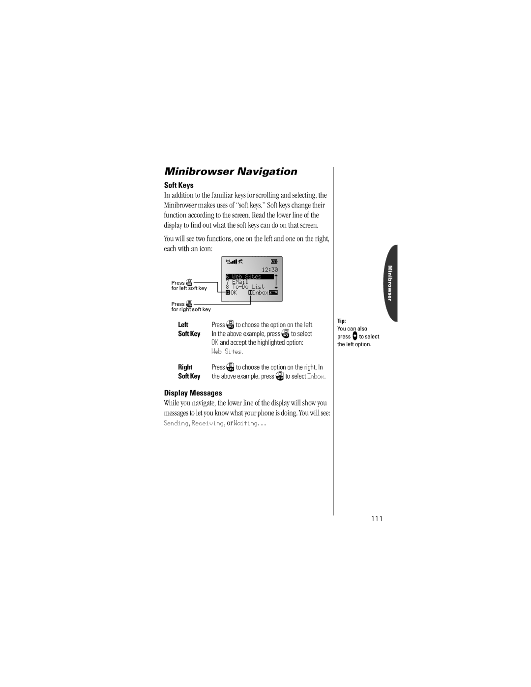 Motorola V8162 specifications Soft Keys, Display Messages, Left, Right 